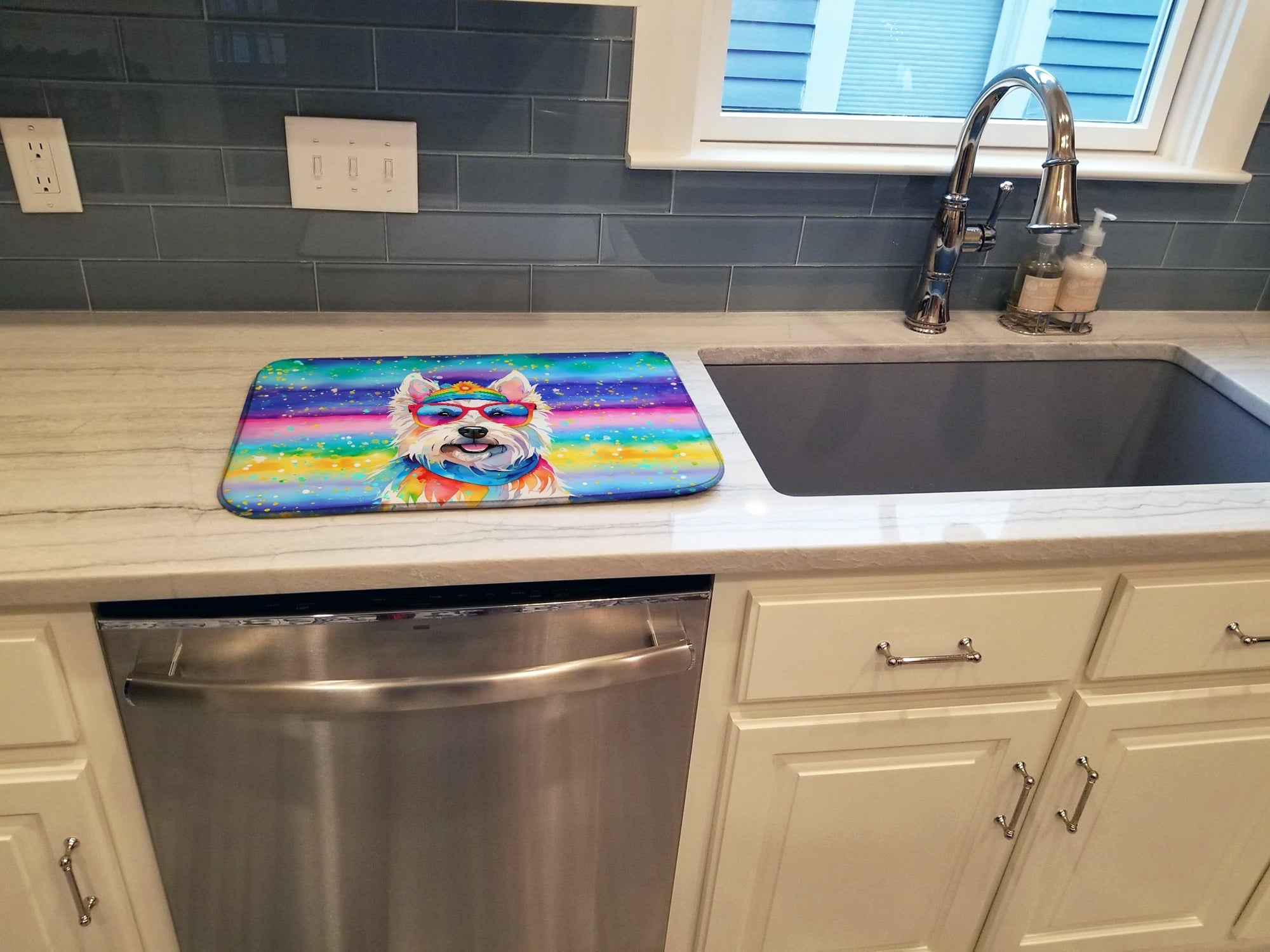 Westie Hippie Dawg Dish Drying Mat Absorbent Dish Drying Mat Pad for Kitchen Counter Dish Drainer Mat for Countertop, 14 x 21", Multicolor