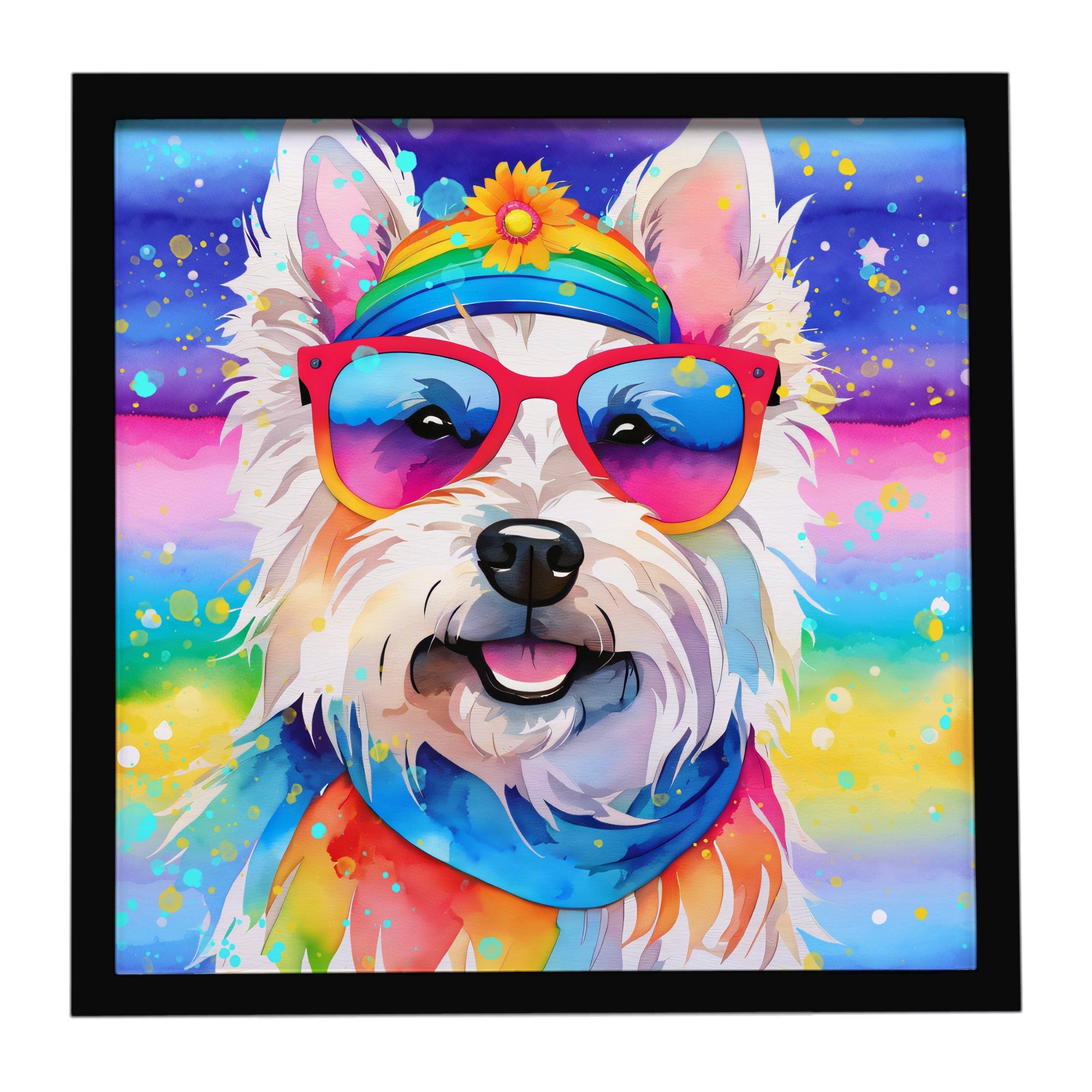 Westie Hippie Dawg Framed Metal Print Bathroom, Kitchen, Office, Home Decor Wall Art Ready to Hang, Square, 8X8