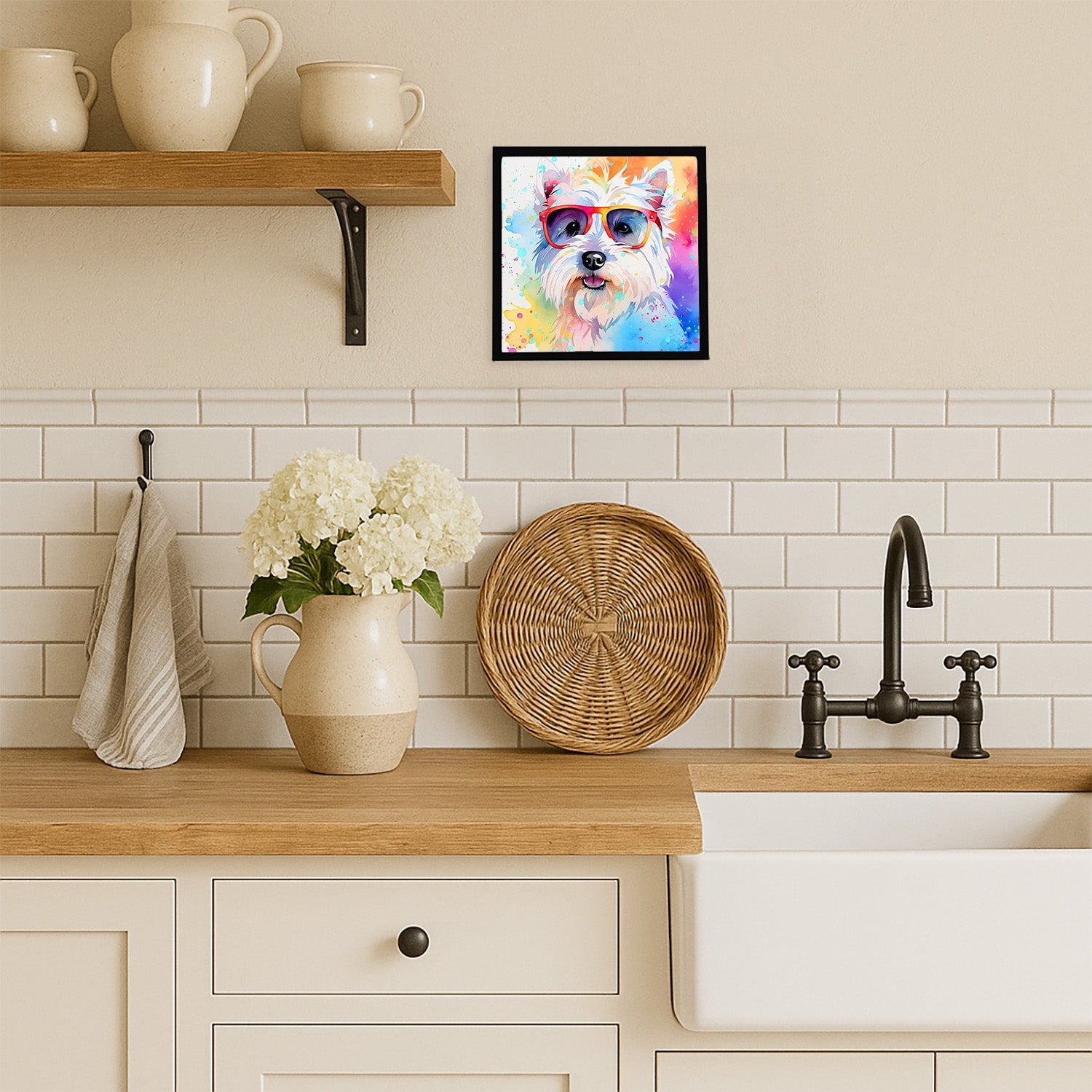 Westie Hippie Dawg Framed Metal Print Bathroom, Kitchen, Office, Home Decor Wall Art Ready to Hang, Square, 8X8