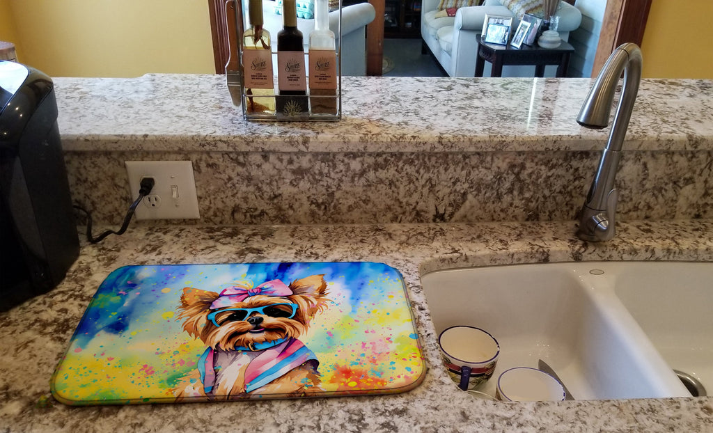 Yorkshire Terrier Hippie Dawg Dish Drying Mat Absorbent Dish Drying Mat Pad for Kitchen Counter Dish Drainer Mat for Countertop, 14 x 21", Multicolor