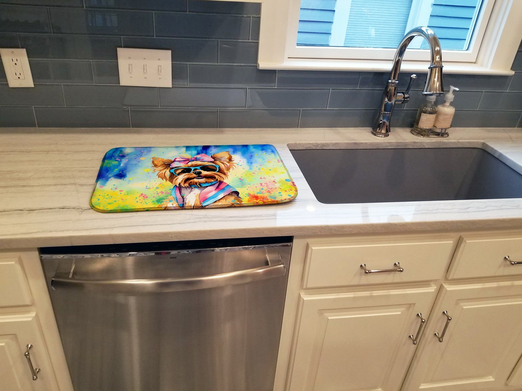 Yorkshire Terrier Hippie Dawg Dish Drying Mat Absorbent Dish Drying Mat Pad for Kitchen Counter Dish Drainer Mat for Countertop, 14 x 21", Multicolor