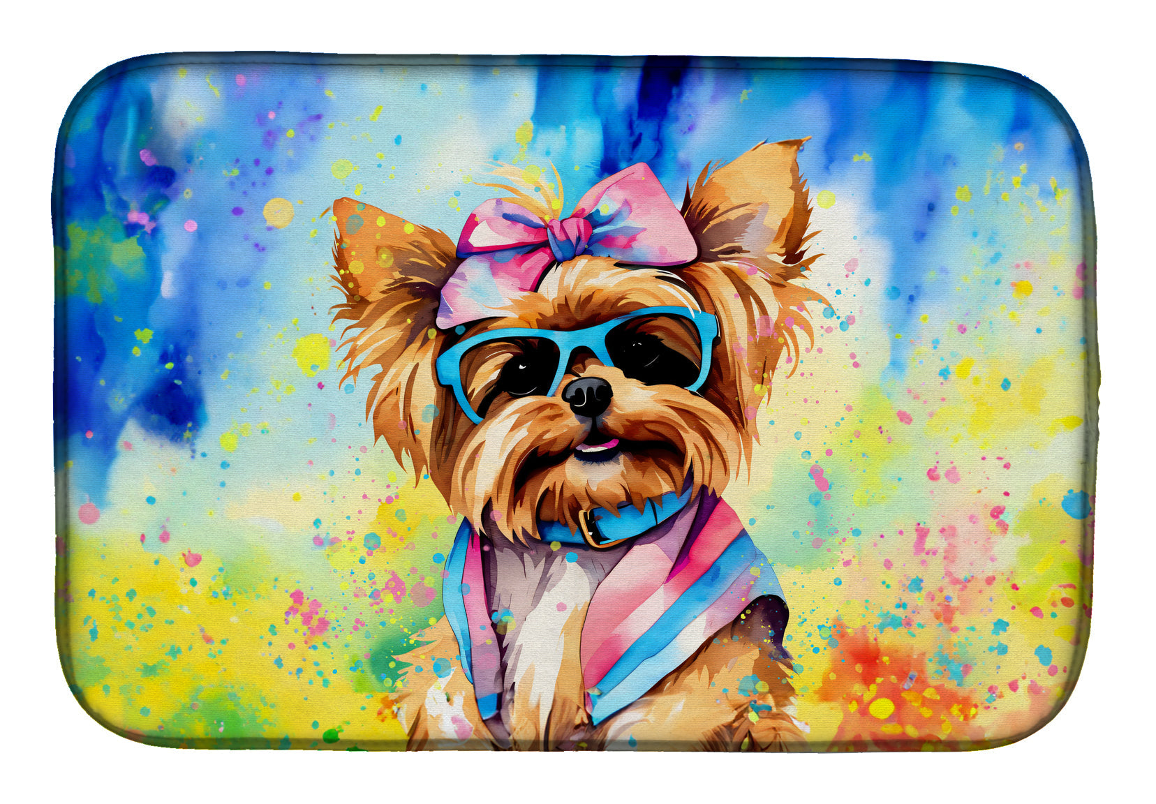 Yorkshire Terrier Hippie Dawg Dish Drying Mat Absorbent Dish Drying Mat Pad for Kitchen Counter Dish Drainer Mat for Countertop, 14 x 21", Multicolor
