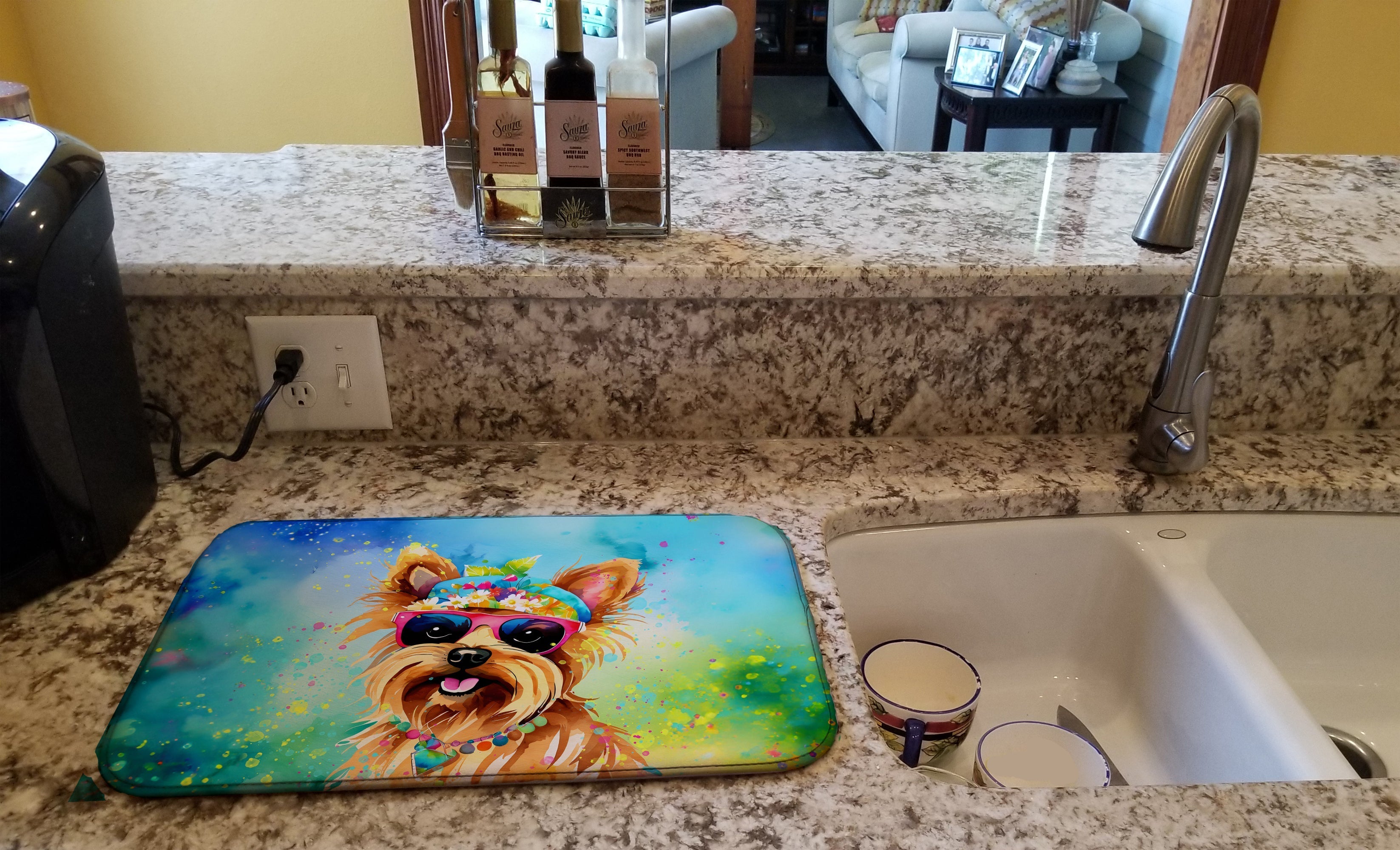 Yorkshire Terrier Hippie Dawg Dish Drying Mat Absorbent Dish Drying Mat Pad for Kitchen Counter Dish Drainer Mat for Countertop, 14 x 21", Multicolor