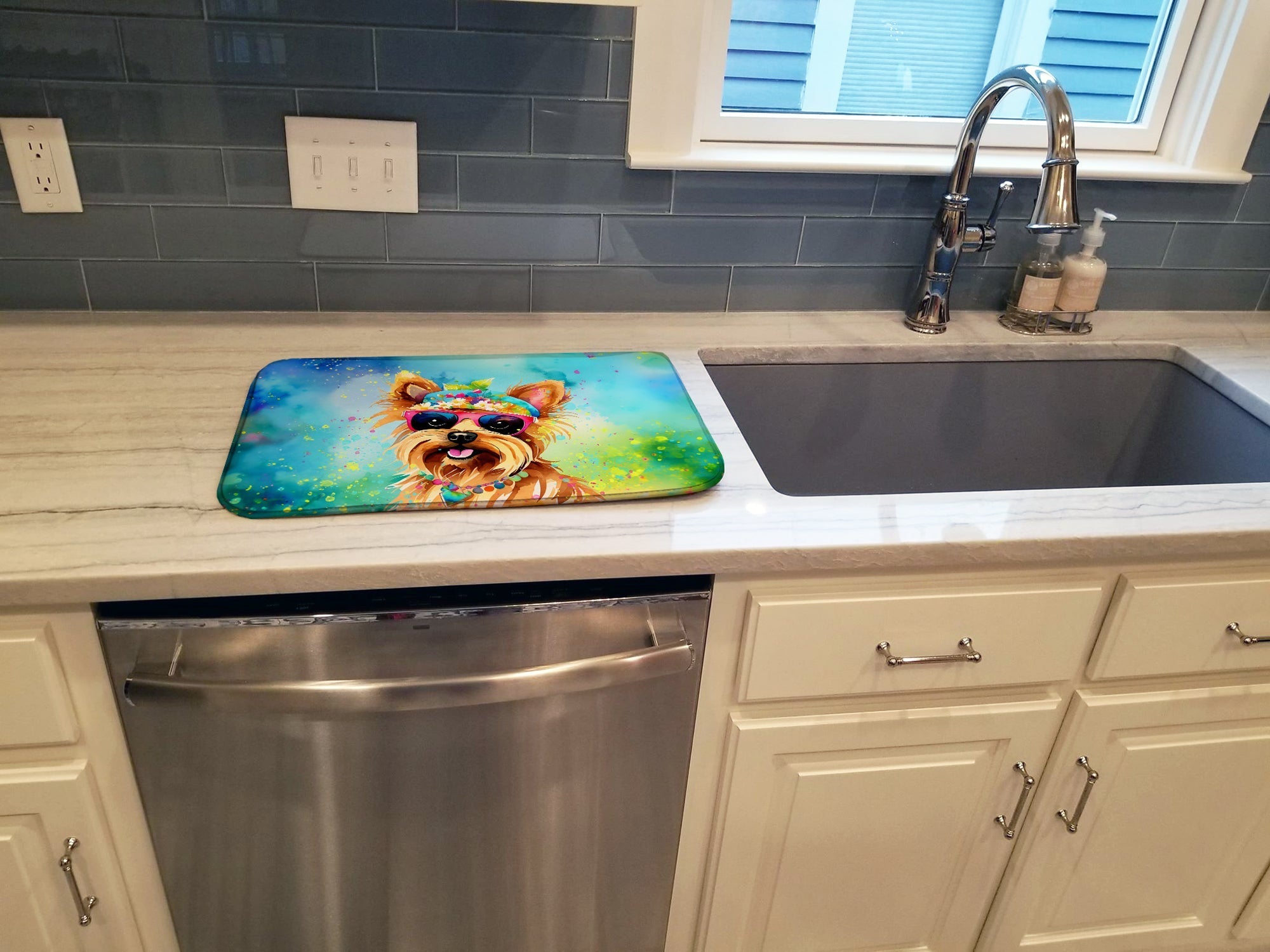Yorkshire Terrier Hippie Dawg Dish Drying Mat Absorbent Dish Drying Mat Pad for Kitchen Counter Dish Drainer Mat for Countertop, 14 x 21", Multicolor