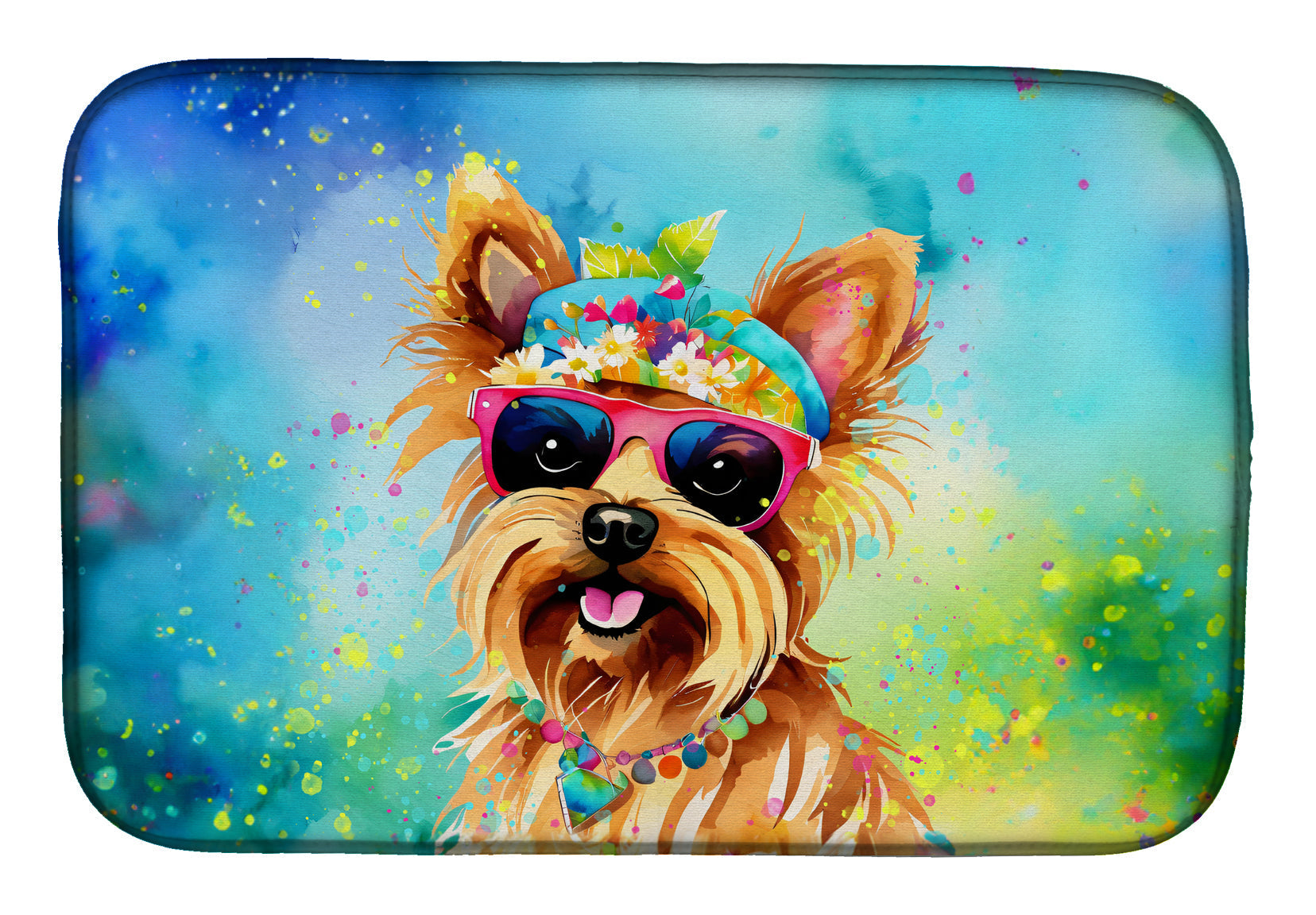 Yorkshire Terrier Hippie Dawg Dish Drying Mat Absorbent Dish Drying Mat Pad for Kitchen Counter Dish Drainer Mat for Countertop, 14 x 21", Multicolor