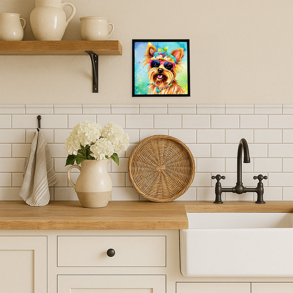 Yorkshire Terrier Hippie Dawg Framed Metal Print Bathroom, Kitchen, Office, Home Decor Wall Art Ready to Hang, Square, 8X8