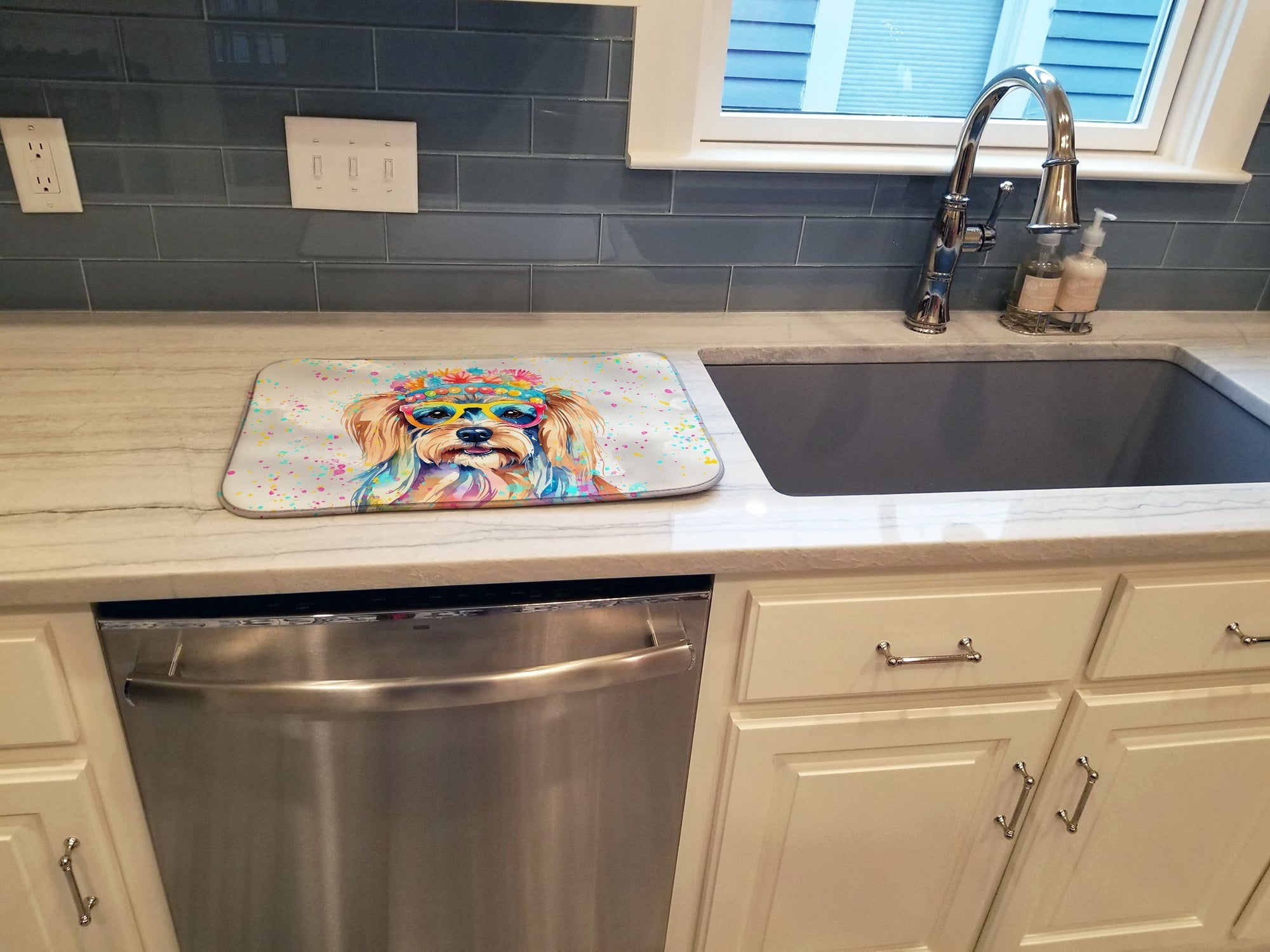 Yorkshire Terrier Hippie Dawg Dish Drying Mat Absorbent Dish Drying Mat Pad for Kitchen Counter Dish Drainer Mat for Countertop, 14 x 21", Multicolor
