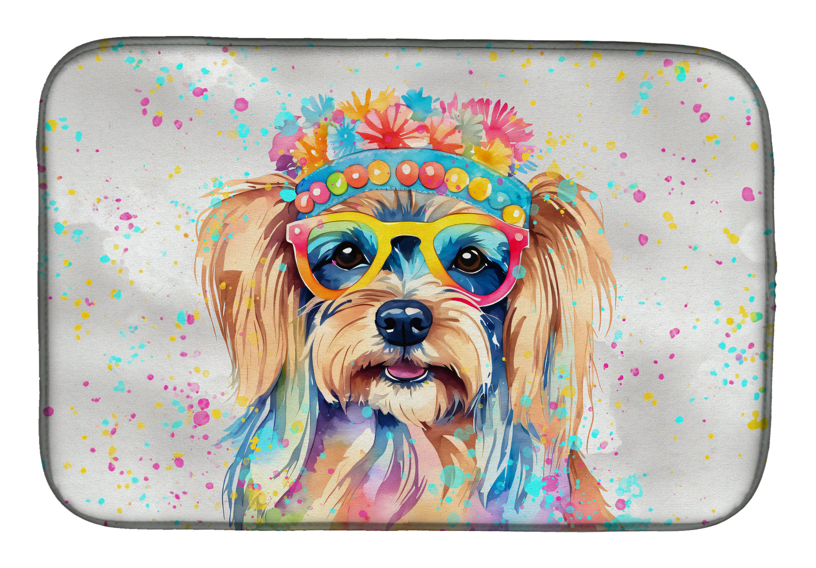Yorkshire Terrier Hippie Dawg Dish Drying Mat Absorbent Dish Drying Mat Pad for Kitchen Counter Dish Drainer Mat for Countertop, 14 x 21", Multicolor