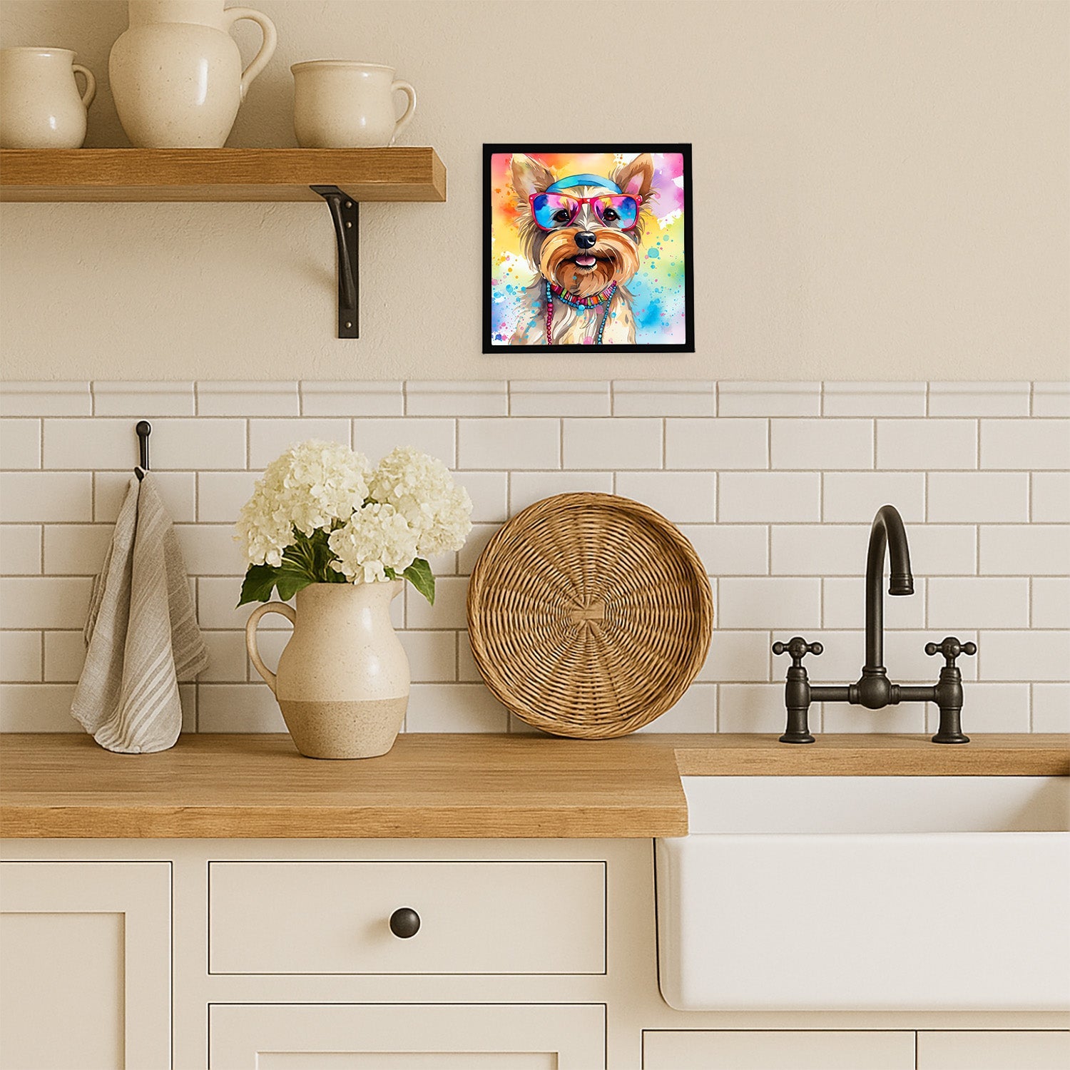 Yorkshire Terrier Hippie Dawg Framed Metal Print Bathroom, Kitchen, Office, Home Decor Wall Art Ready to Hang, Square, 8X8
