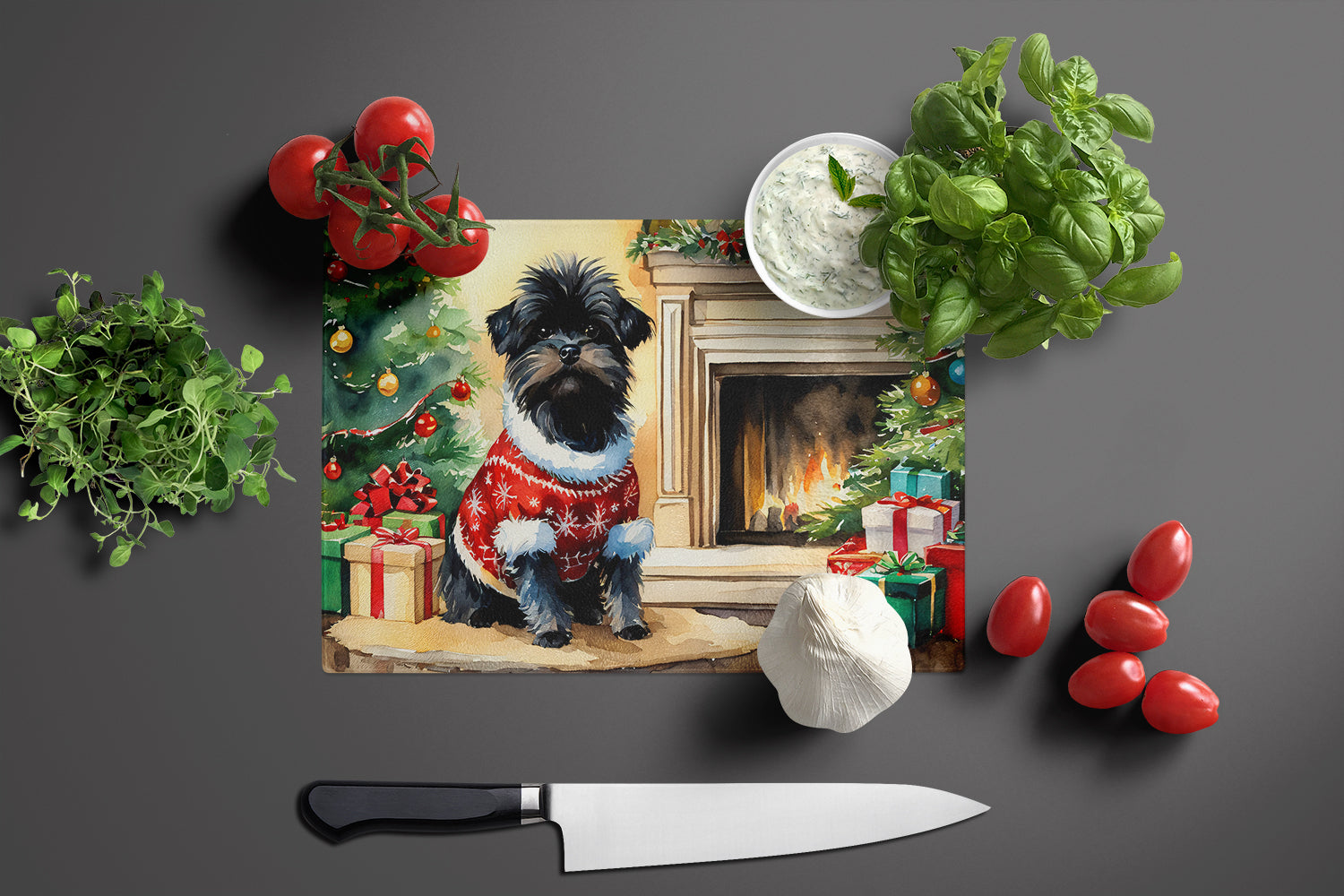 Affenpinscher Cozy Christmas Cutting Board Tempered Glass Kitchen Cutting Surface, Heat Resistant Chopping, Non-Slip Feet, Food Prep & Serving
