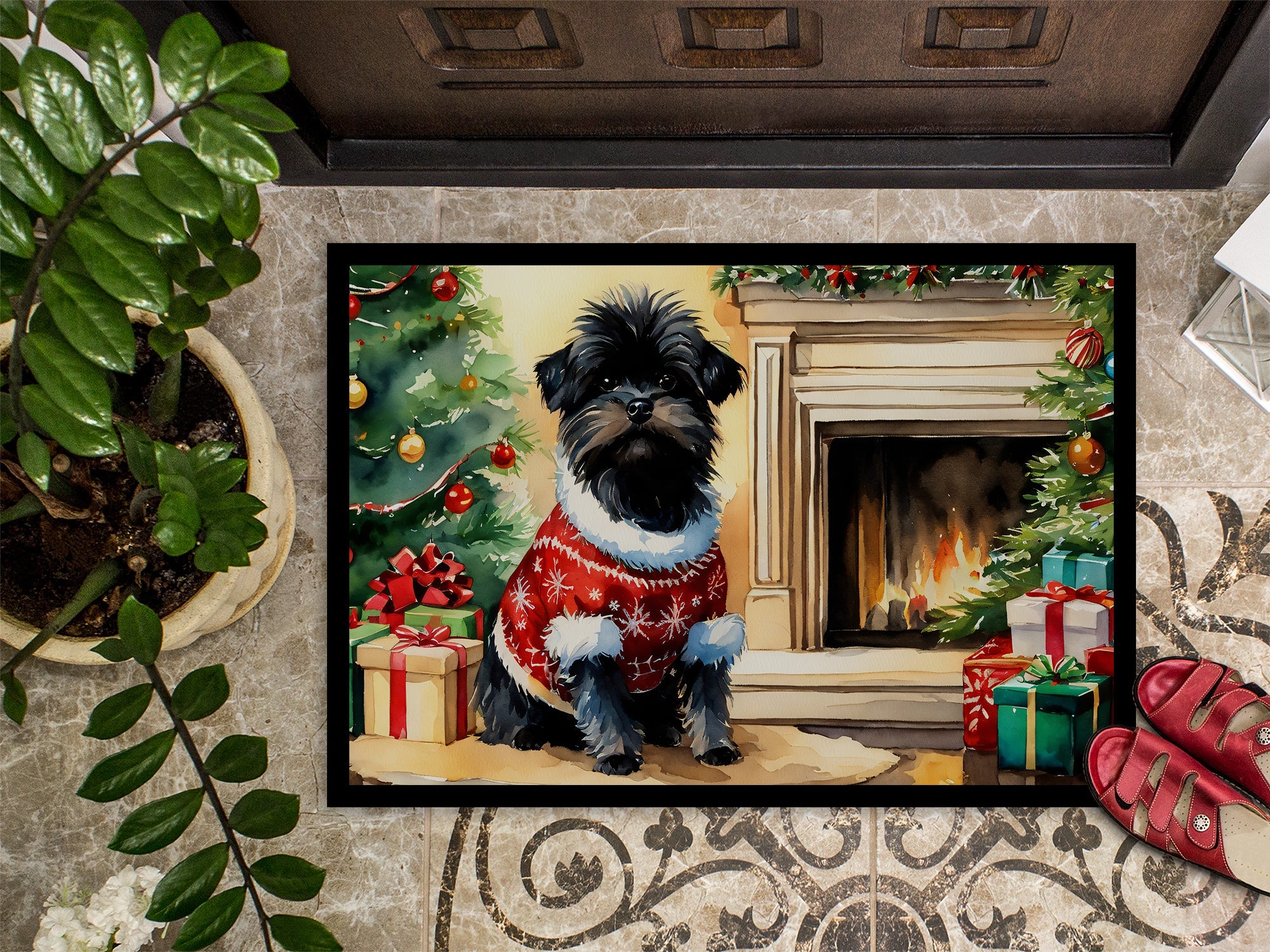 Affenpinscher Cozy Christmas Doormat Indoor Outdoor 18H X 27W Front Door Mat Rugs for Entryway, Non Slip Washable