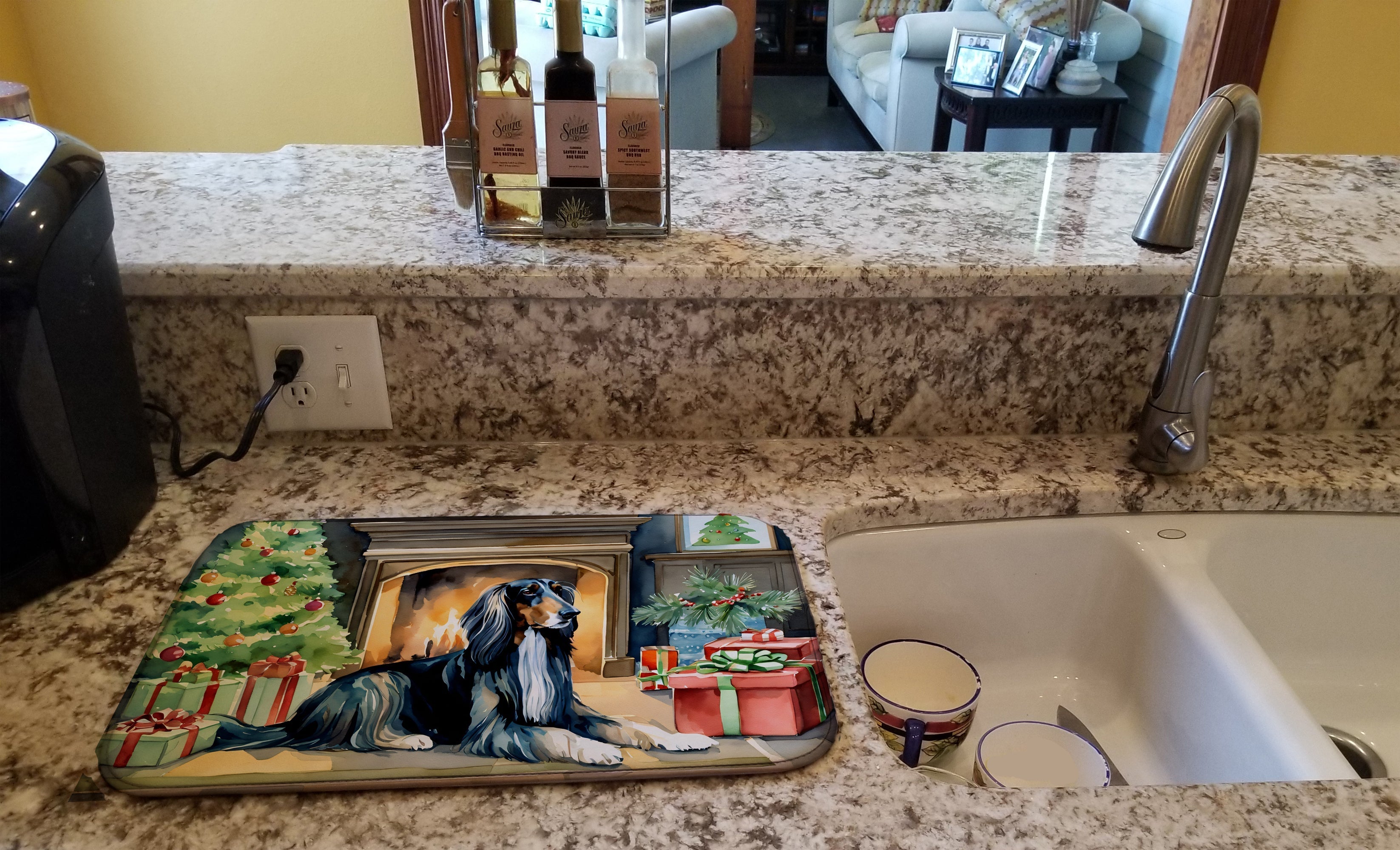 Afghan Hound Cozy Christmas Dish Drying Mat Absorbent Dish Drying Mat Pad for Kitchen Counter Dish Drainer Mat for Countertop, 14 x 21", Multicolor