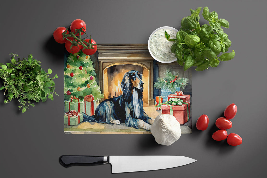 Afghan Hound Cozy Christmas Cutting Board Tempered Glass Kitchen Cutting Surface, Heat Resistant Chopping, Non-Slip Feet, Food Prep & Serving