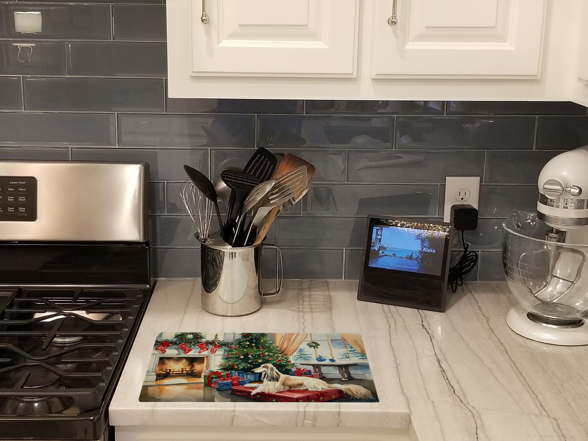 Afghan Hound Cozy Christmas Cutting Board Tempered Glass Kitchen Cutting Surface, Heat Resistant Chopping, Non-Slip Feet, Food Prep & Serving