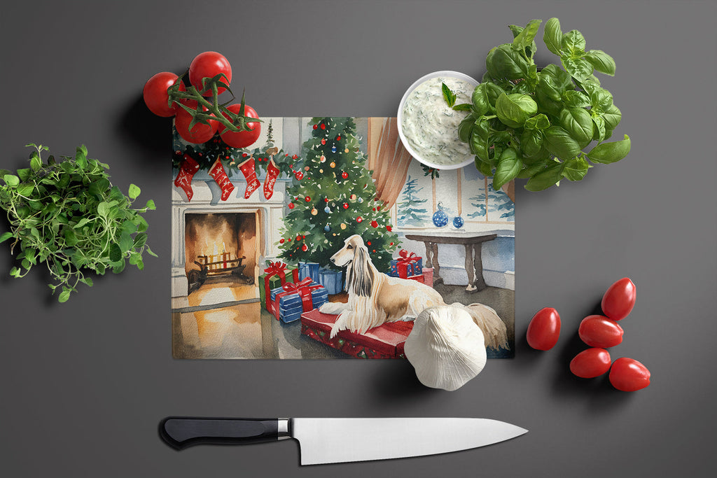 Afghan Hound Cozy Christmas Cutting Board Tempered Glass Kitchen Cutting Surface, Heat Resistant Chopping, Non-Slip Feet, Food Prep & Serving