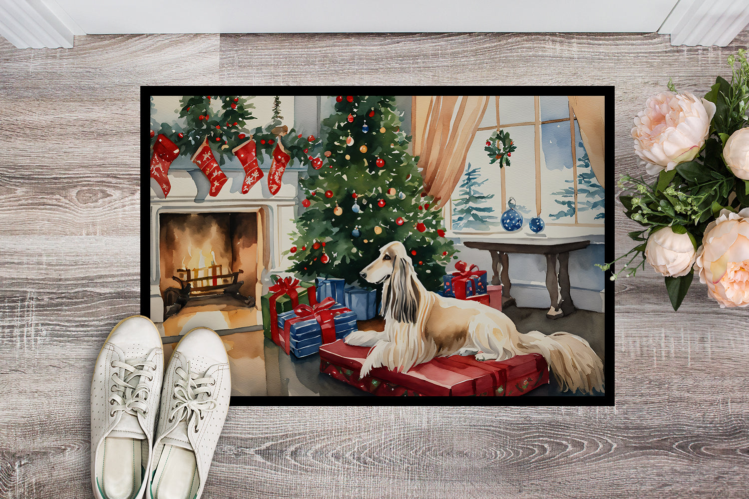 Afghan Hound Cozy Christmas Doormat Indoor Outdoor 18H X 27W Front Door Mat Rugs for Entryway, Non Slip Washable