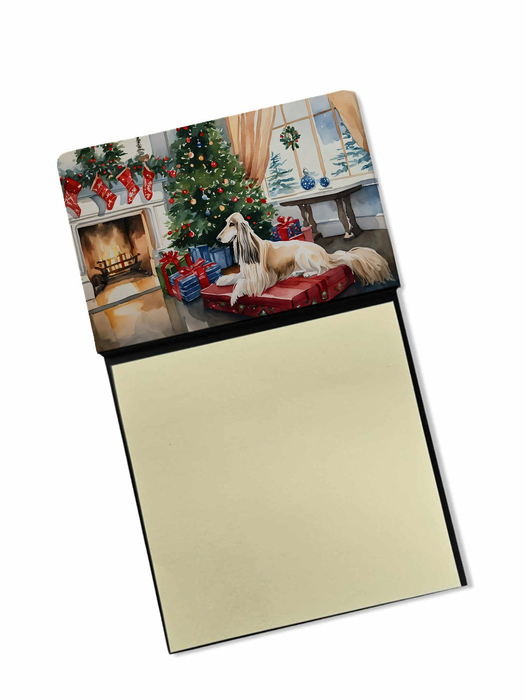 Afghan Hound Cozy Christmas Watercolor Sticky Note Holder Refillable Dispenser Desk Accessory 3x3 Pad Gift