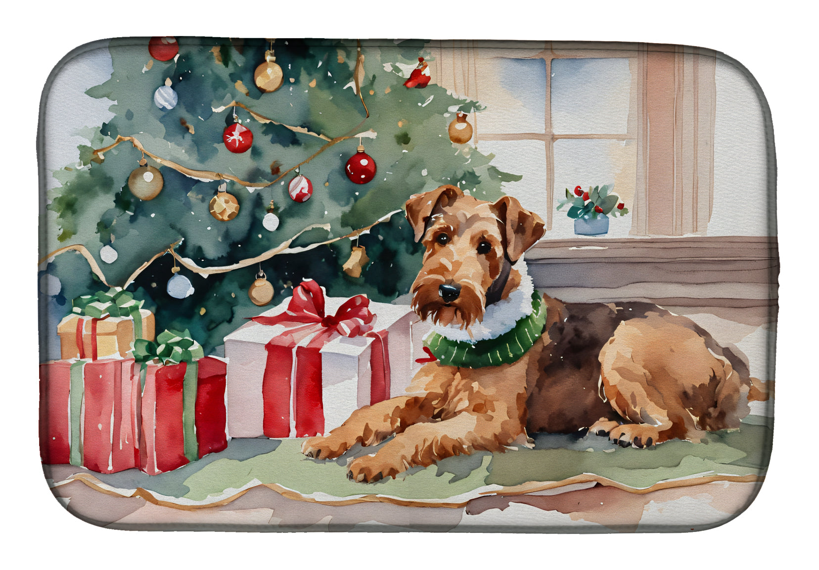 Airedale Terrier Cozy Christmas Dish Drying Mat Absorbent Dish Drying Mat Pad for Kitchen Counter Dish Drainer Mat for Countertop, 14 x 21", Multicolor