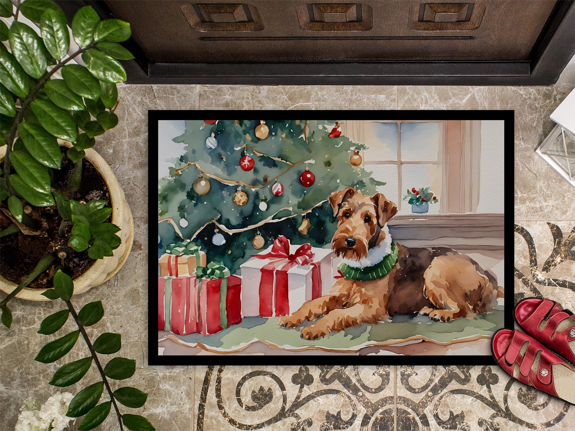 Airedale Terrier Cozy Christmas Doormat Indoor Outdoor 24H X 36W Front Door Mat Rugs for Entryway, Non Slip Washable Low Pile,