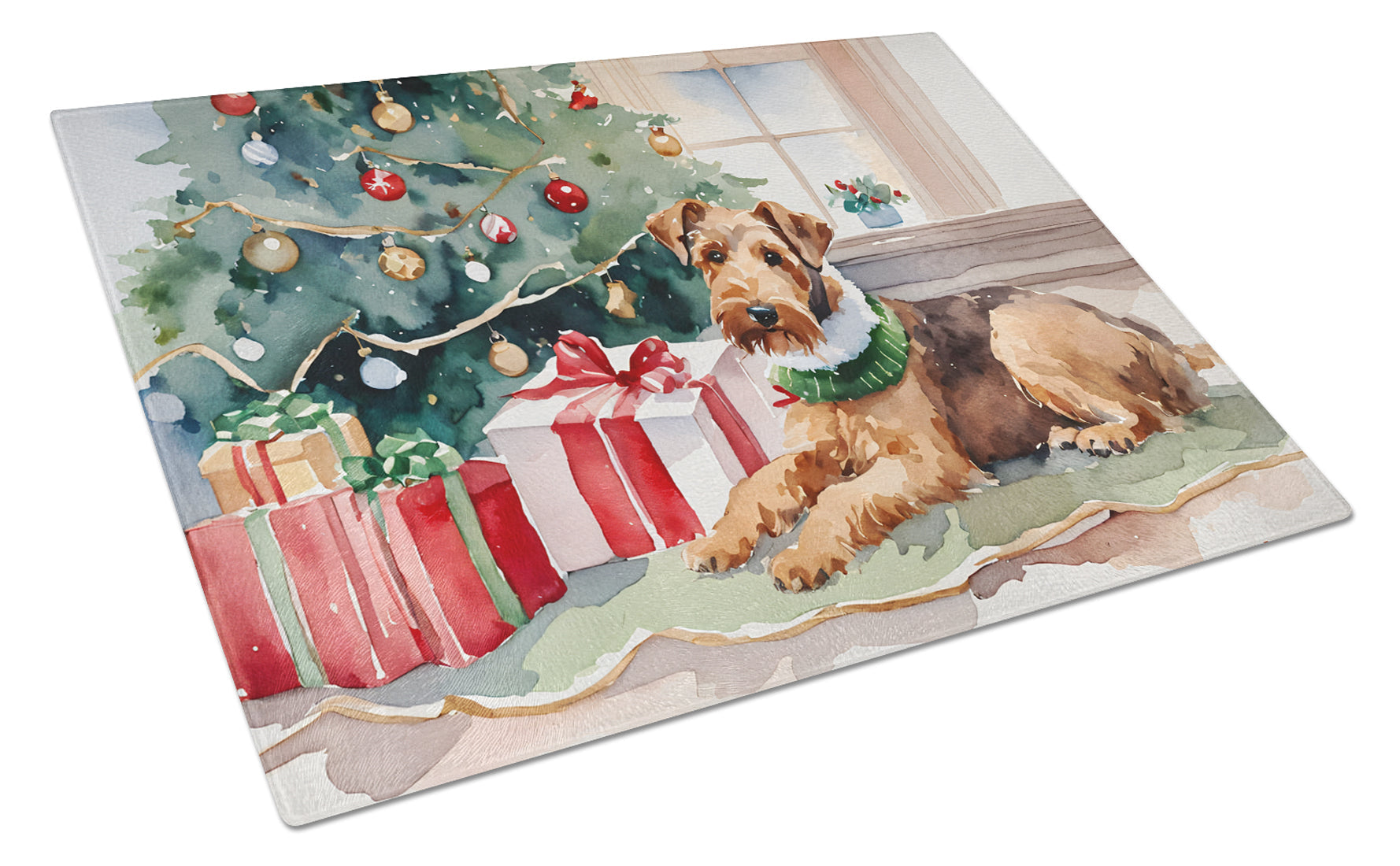 Airedale Terrier Cozy Christmas Cutting Board Tempered Glass Kitchen Cutting Surface, Heat Resistant Chopping, Non-Slip Feet, Food Prep & Serving