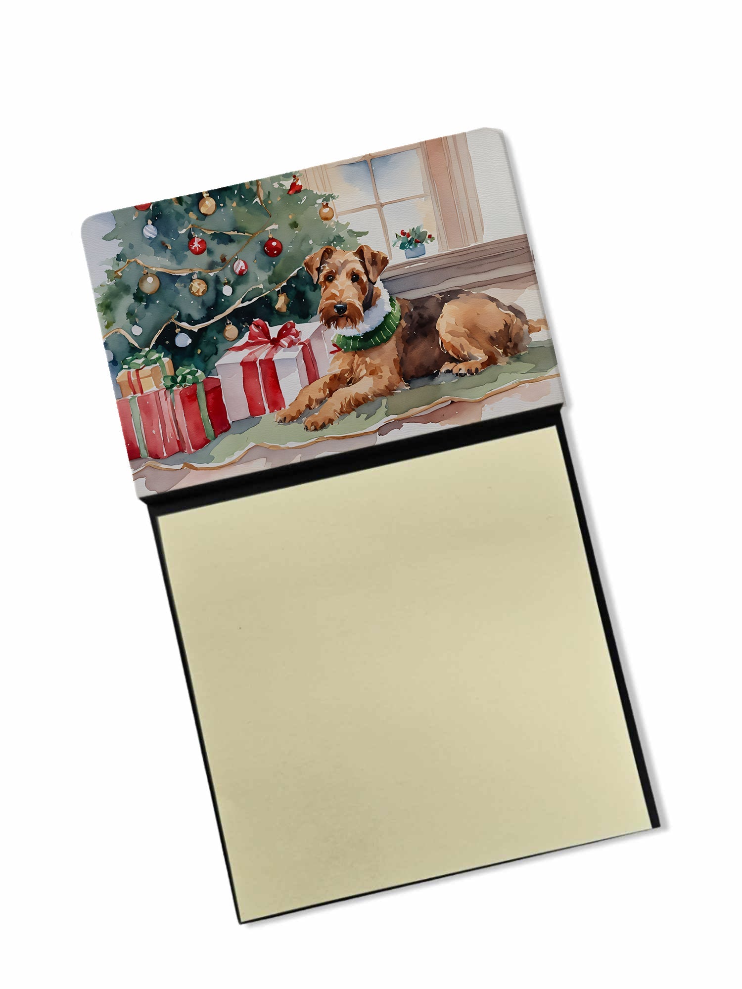Airedale Terrier Cozy Christmas Watercolor Sticky Note Holder Refillable Dispenser Desk Accessory 3x3 Pad Gift