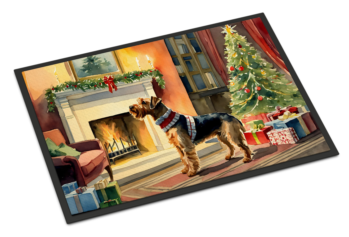 Airedale Terrier Cozy Christmas Doormat Indoor Outdoor 24H X 36W Front Door Mat Rugs for Entryway, Non Slip Washable Low Pile,
