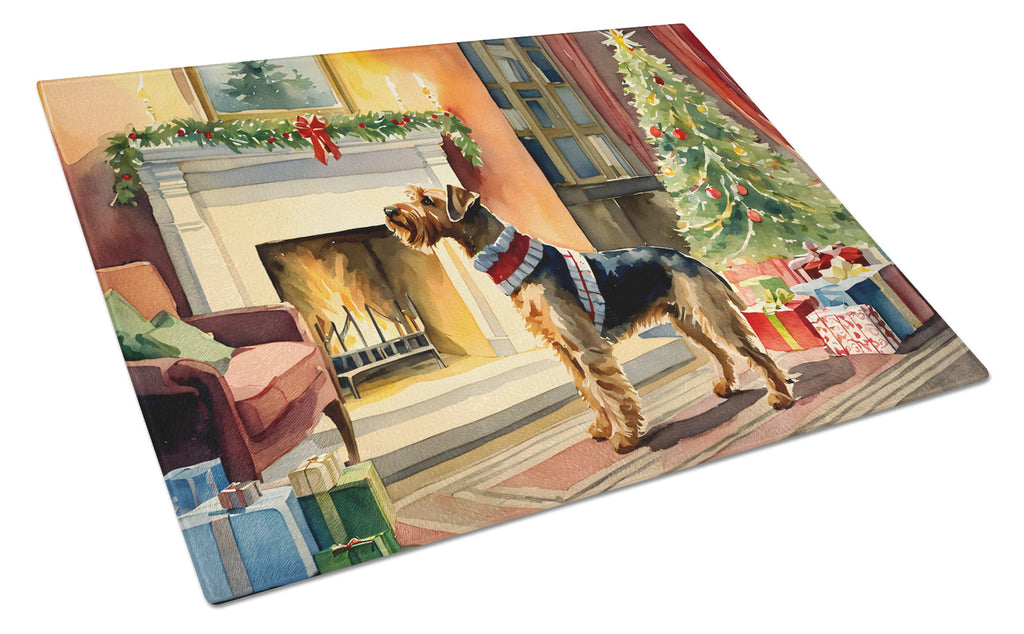 Airedale Terrier Cozy Christmas Cutting Board Tempered Glass Kitchen Cutting Surface, Heat Resistant Chopping, Non-Slip Feet, Food Prep & Serving