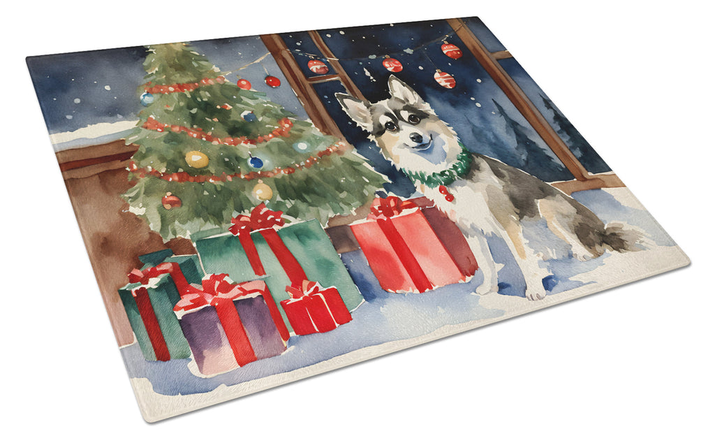 Alaskan Klee Kai Cozy Christmas Cutting Board Tempered Glass Kitchen Cutting Surface, Heat Resistant Chopping, Non-Slip Feet, Food Prep & Serving