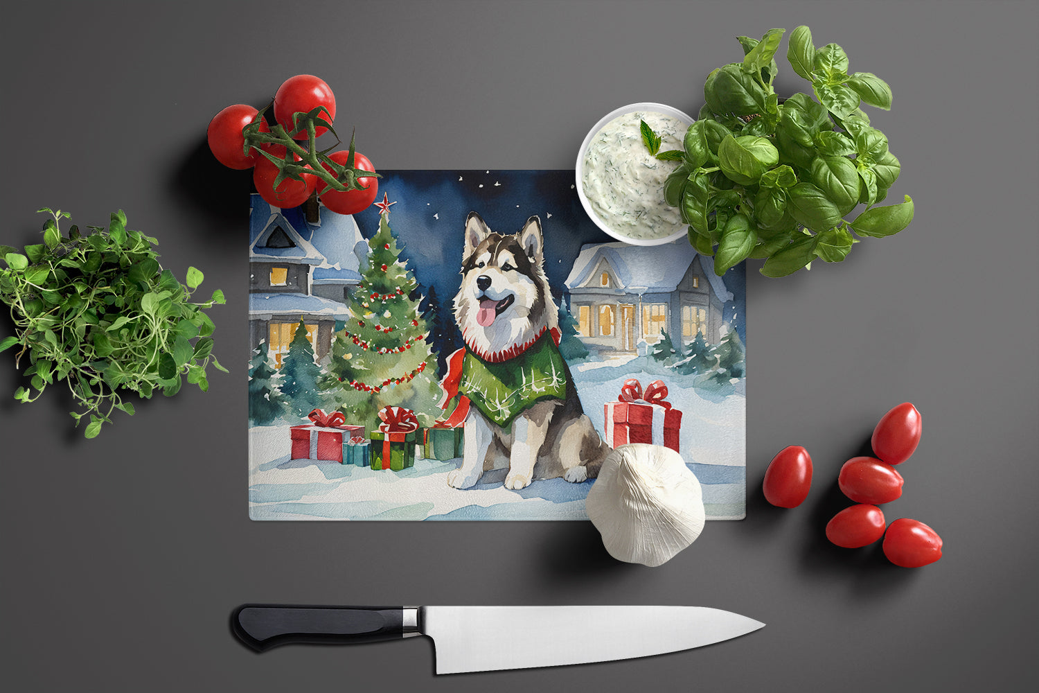 Alaskan Malamute Cozy Christmas Cutting Board Tempered Glass Kitchen Cutting Surface, Heat Resistant Chopping, Non-Slip Feet, Food Prep & Serving