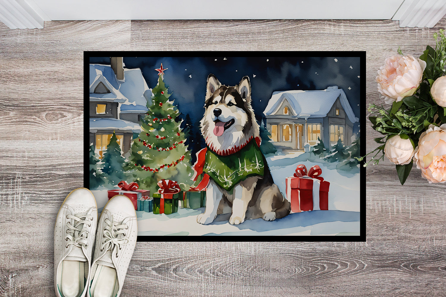 Alaskan Malamute Cozy Christmas Doormat Indoor Outdoor 18H X 27W Front Door Mat Rugs for Entryway, Non Slip Washable