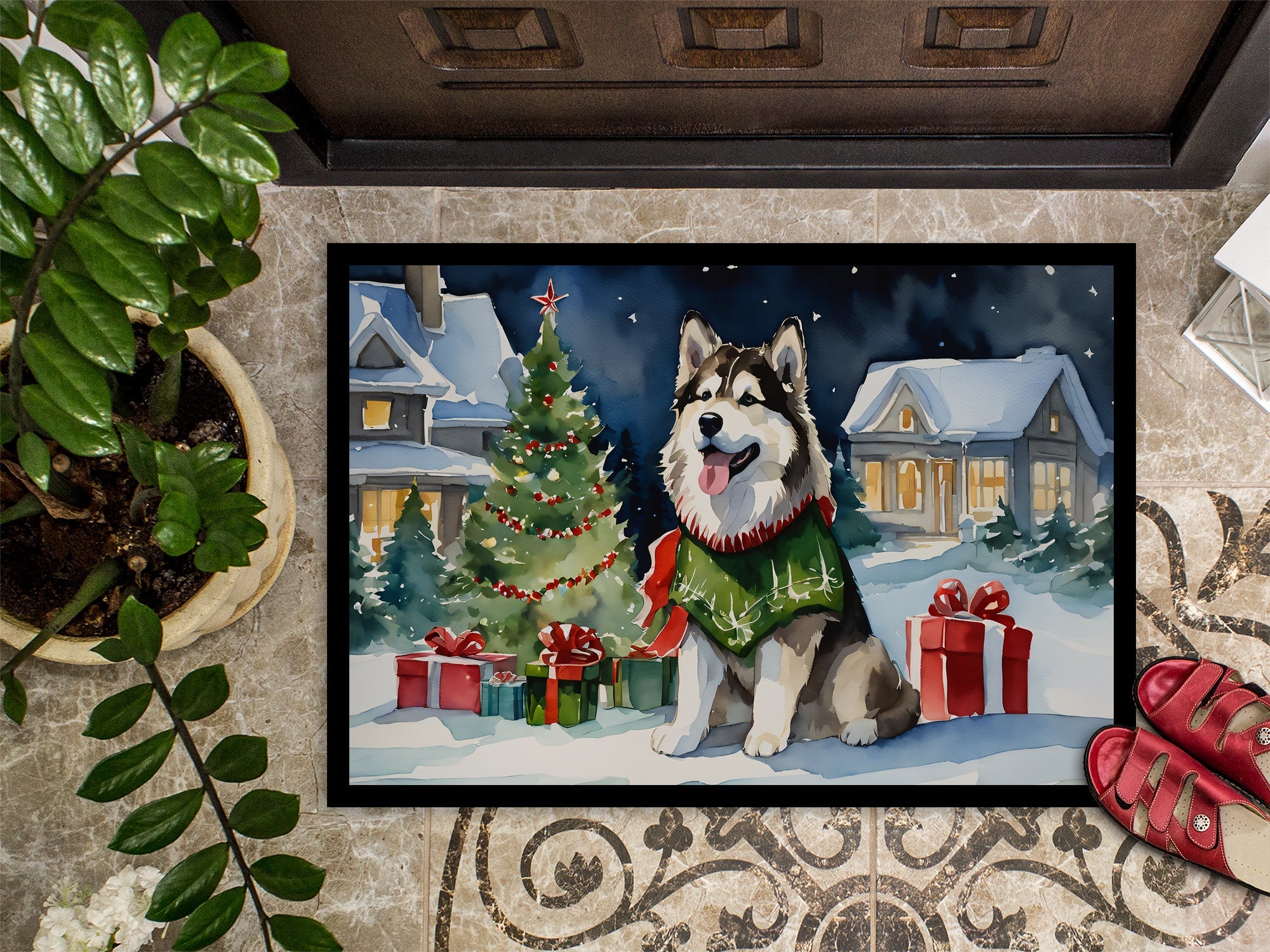Alaskan Malamute Cozy Christmas Doormat Indoor Outdoor 18H X 27W Front Door Mat Rugs for Entryway, Non Slip Washable