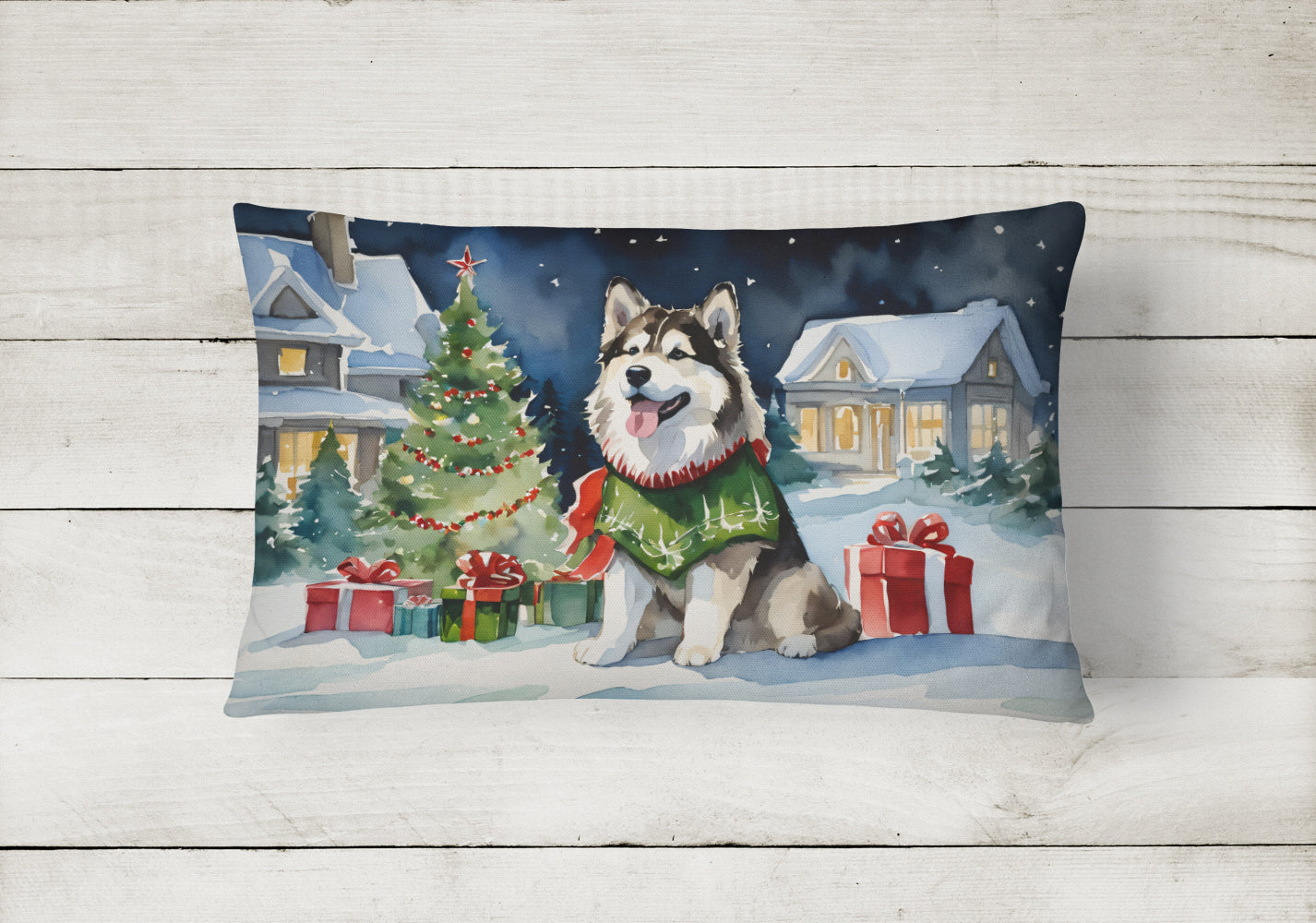 Alaskan Malamute Cozy Christmas Decorative Throw Pillow 12x16 Indoor Outdoor Accent Cushion, Fabric Cover with Insert for Sofa, Bed, Porch & Living Room