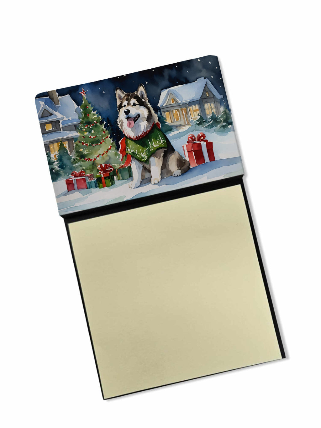 Alaskan Malamute Cozy Christmas Watercolor Sticky Note Holder Refillable Dispenser Desk Accessory 3x3 Pad Gift