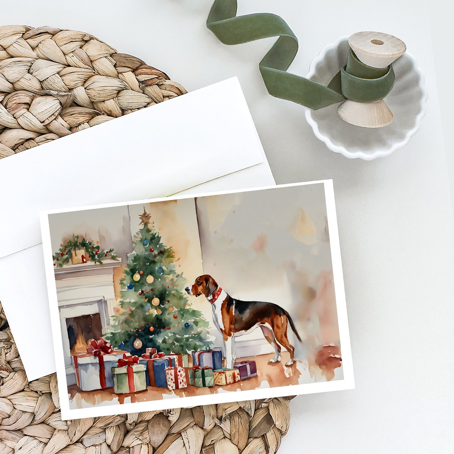 American English Coonhound Cozy Christmas Greeting Cards Pack of 8 Blank Cards with Envelopes Whimsical A7 Size 5x7