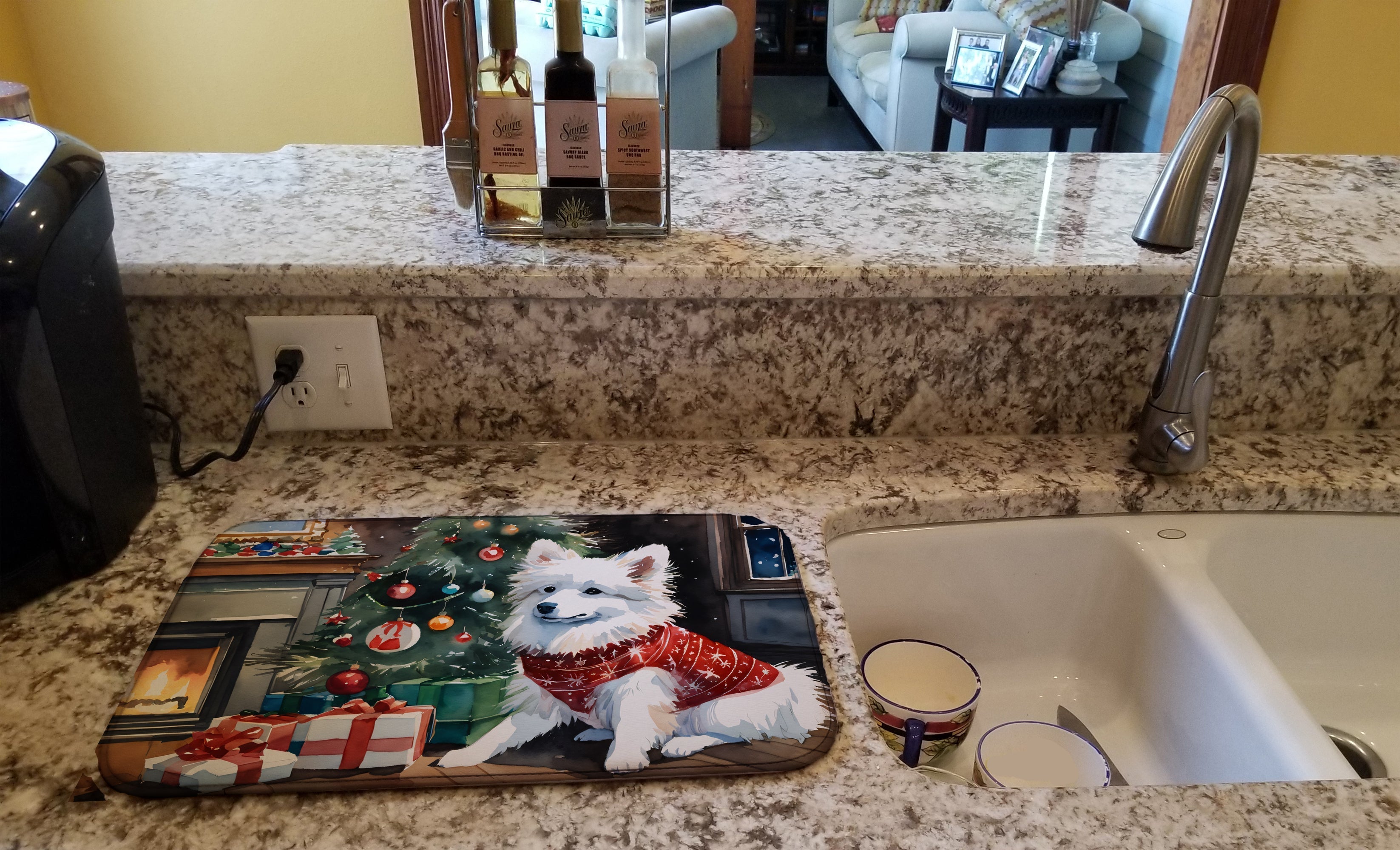 American Eskimo Cozy Christmas Dish Drying Mat Absorbent Dish Drying Mat Pad for Kitchen Counter Dish Drainer Mat for Countertop, 14 x 21", Multicolor