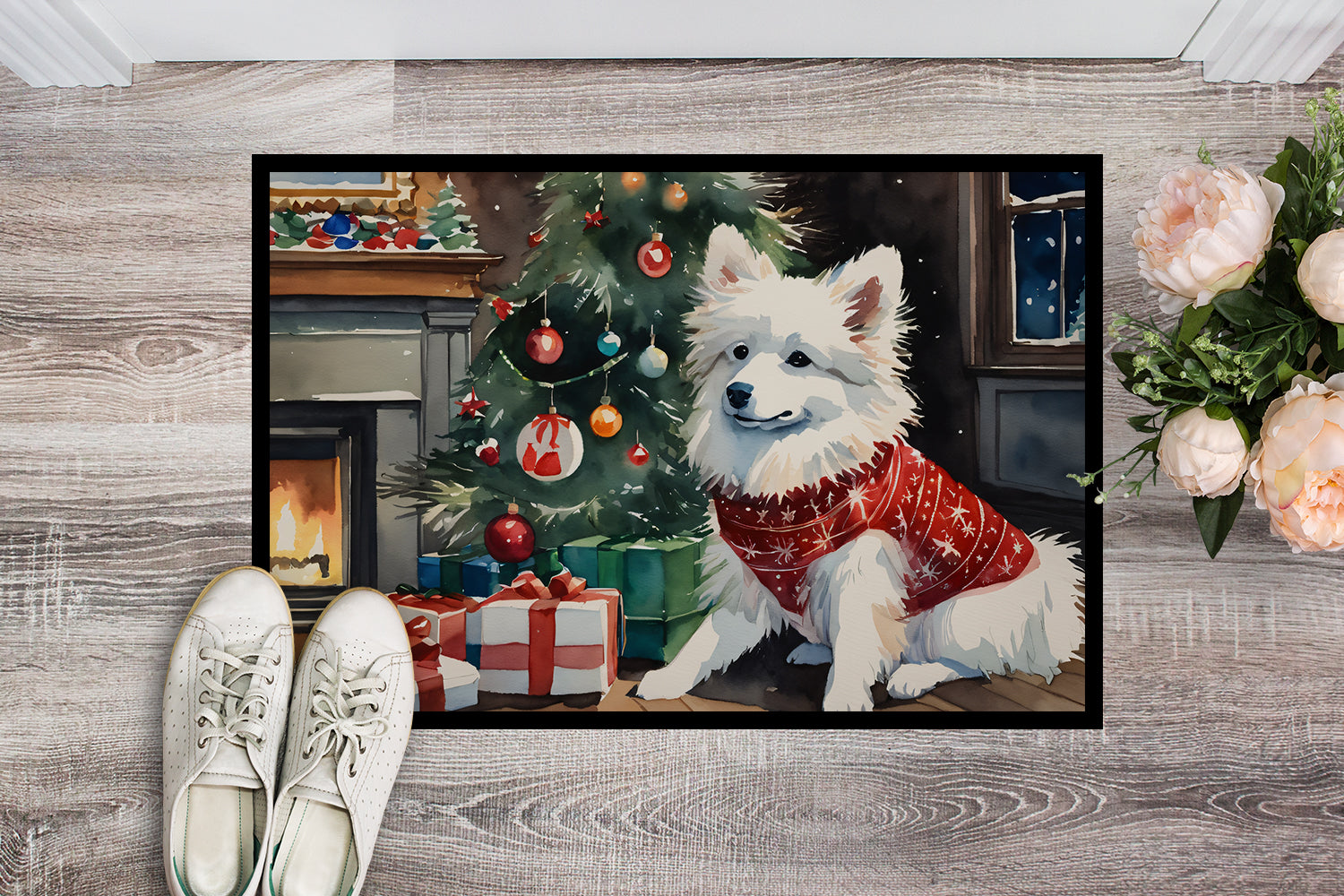 American Eskimo Cozy Christmas Doormat Indoor Outdoor 24H X 36W Front Door Mat Rugs for Entryway, Non Slip Washable Low Pile,