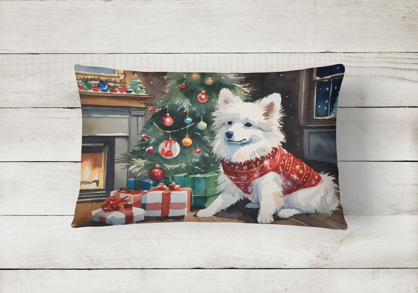 American Eskimo Cozy Christmas Decorative Throw Pillow 12x16 Indoor Outdoor Accent Cushion, Fabric Cover with Insert for Sofa, Bed, Porch & Living Room