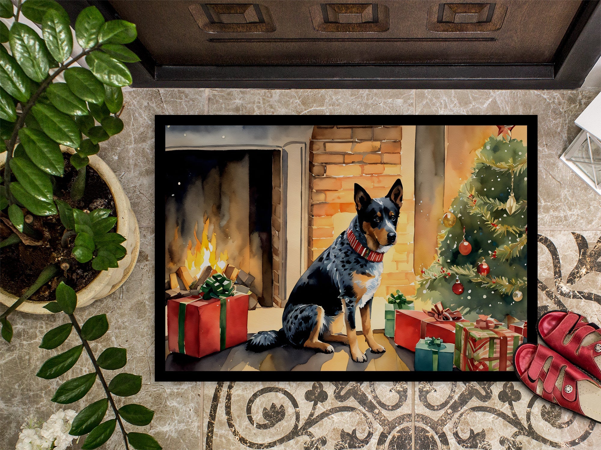 Australian Cattle Dog Cozy Christmas Doormat Indoor Outdoor 18H X 27W Front Door Mat Rugs for Entryway, Non Slip Washable