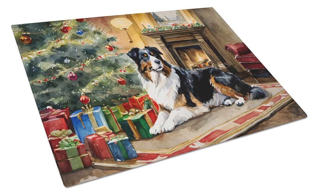 Australian Shepherd Cozy Christmas Cutting Board Tempered Glass Kitchen Cutting Surface, Heat Resistant Chopping, Non-Slip Feet, Food Prep & Serving