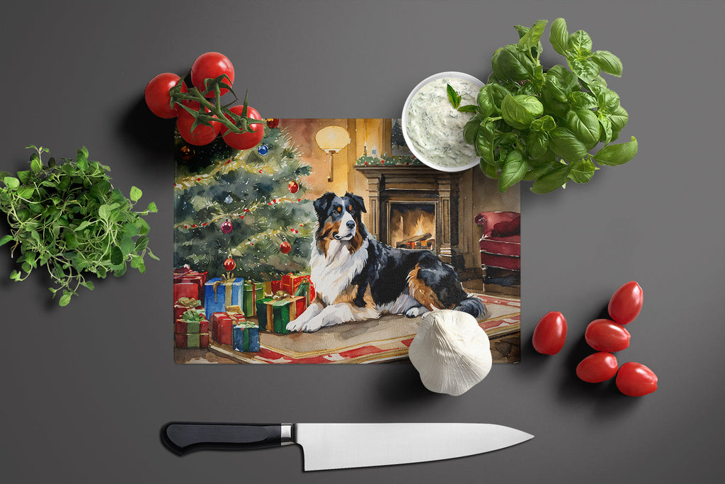 Australian Shepherd Cozy Christmas Cutting Board Tempered Glass Kitchen Cutting Surface, Heat Resistant Chopping, Non-Slip Feet, Food Prep & Serving