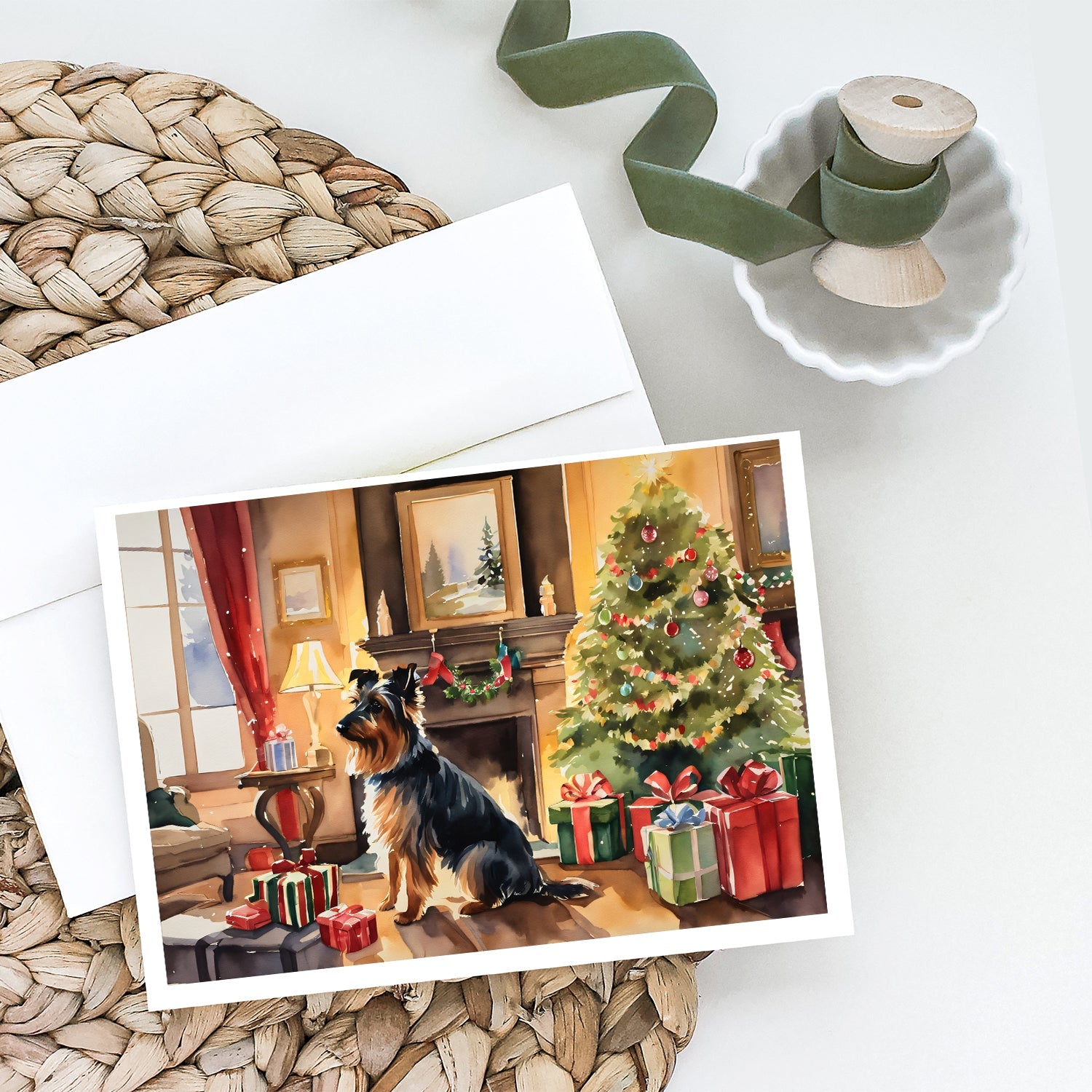Australian Terrier Cozy Christmas Greeting Cards Pack of 8 Blank Cards with Envelopes Whimsical A7 Size 5x7