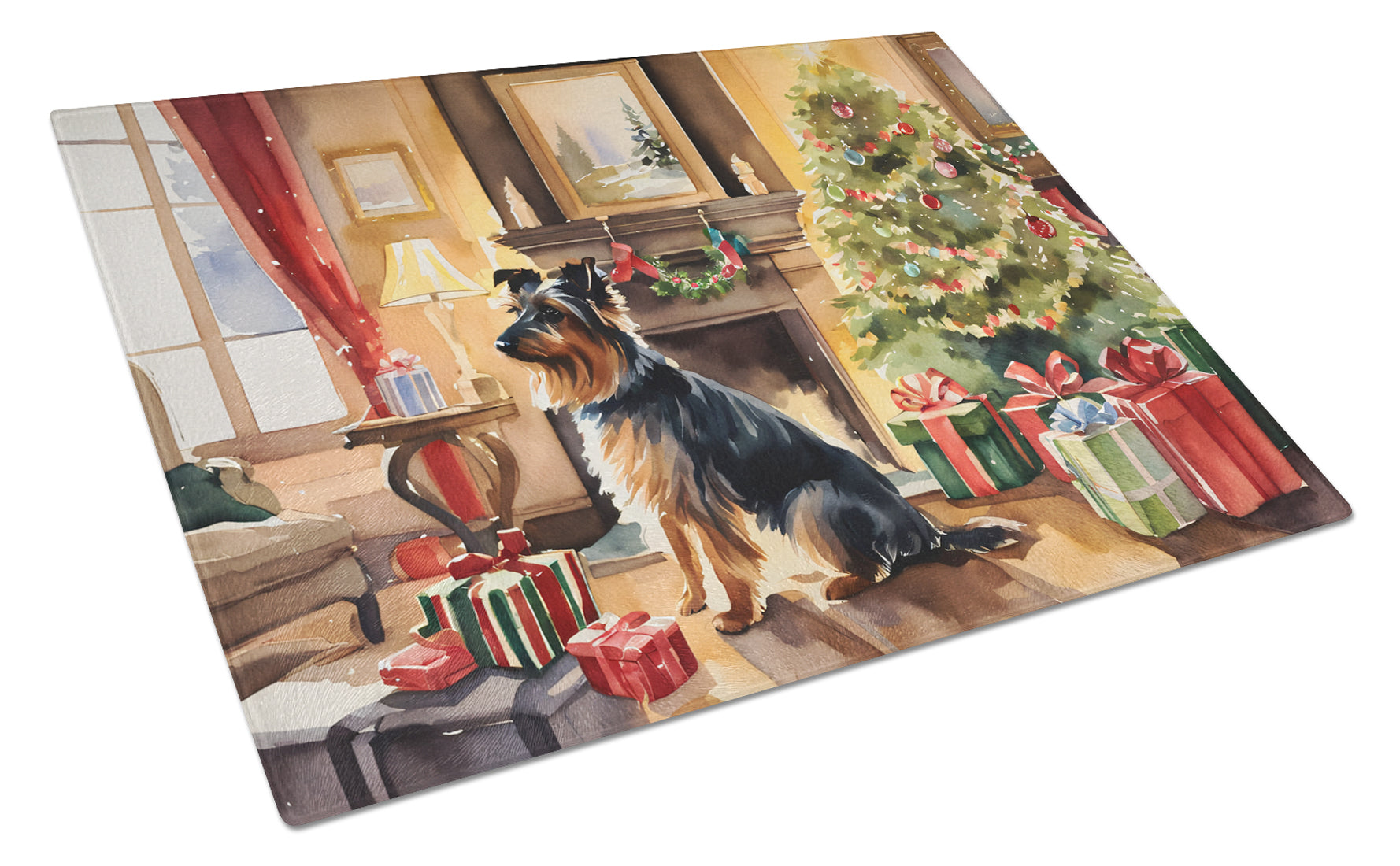 Australian Terrier Cozy Christmas Cutting Board Tempered Glass Kitchen Cutting Surface, Heat Resistant Chopping, Non-Slip Feet, Food Prep & Serving