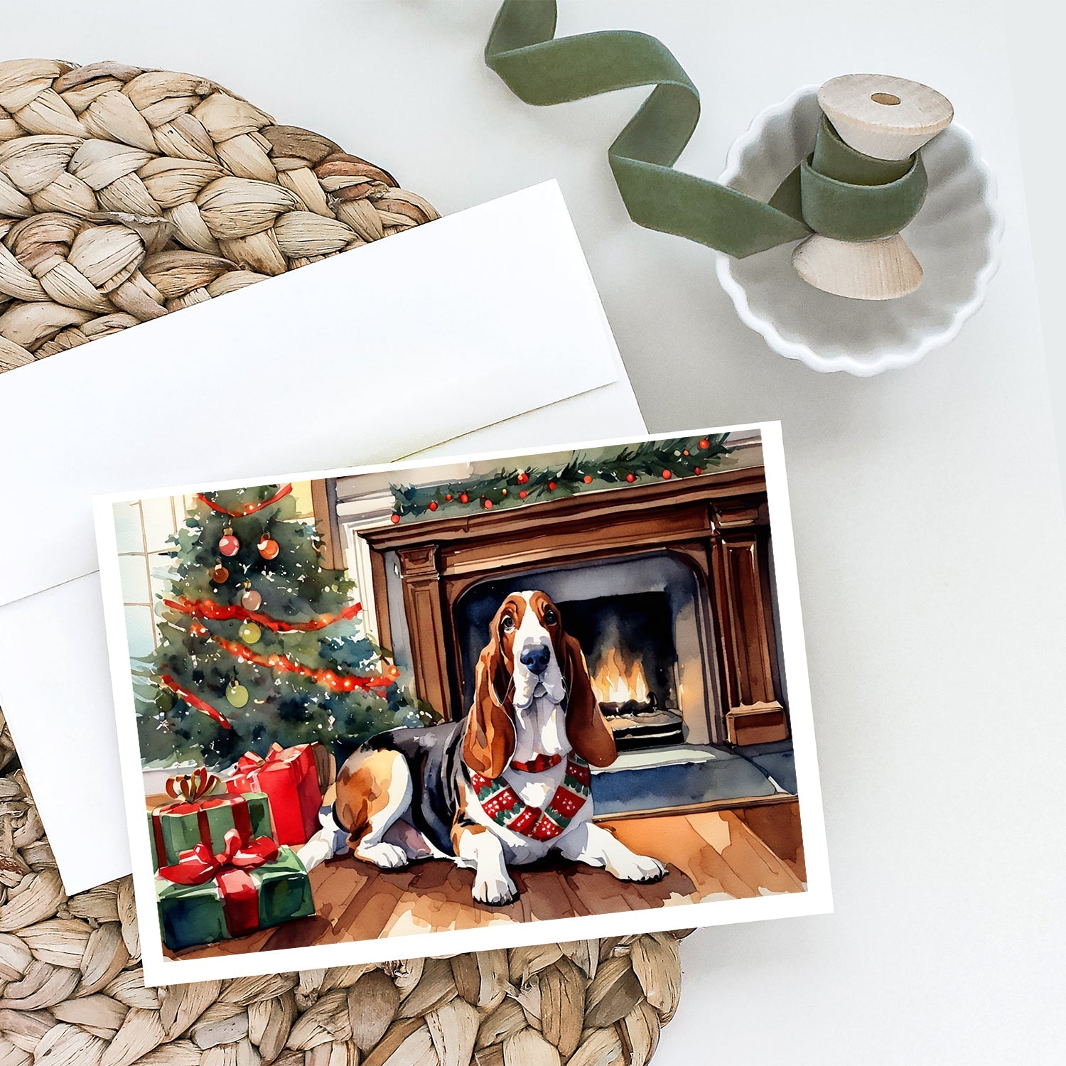 Basset Hound Cozy Christmas Greeting Cards Pack of 8 Blank Cards with Envelopes Whimsical A7 Size 5x7