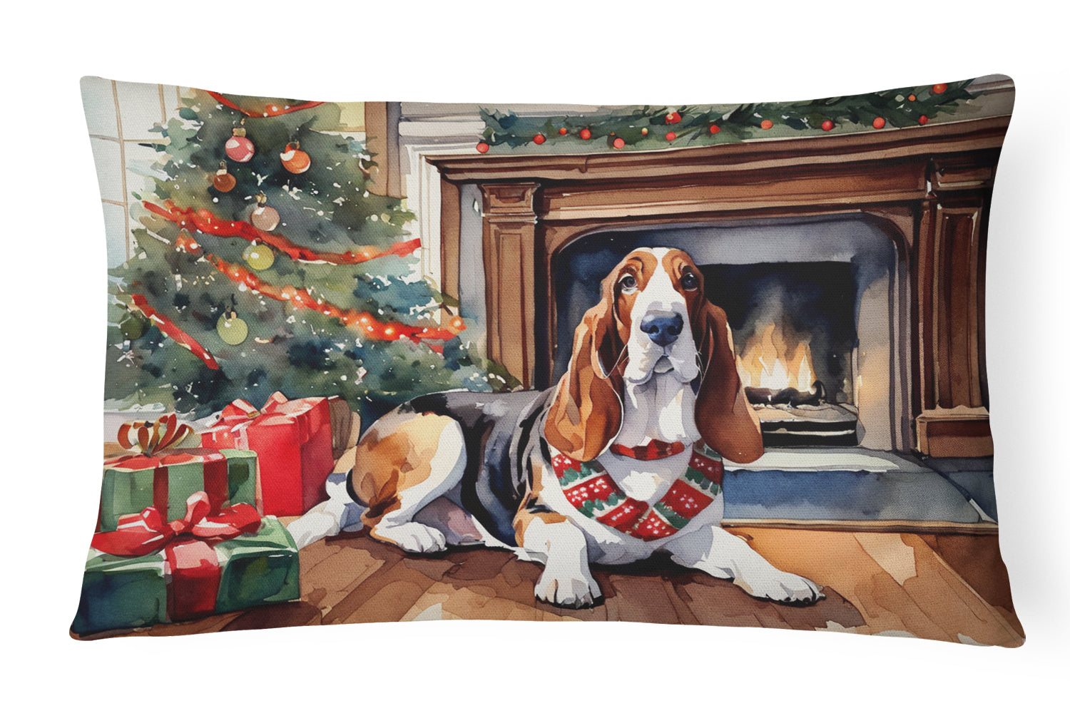 Basset Hound Cozy Christmas Decorative Throw Pillow 12x16 Indoor Outdoor Accent Cushion, Fabric Cover with Insert for Sofa, Bed, Porch & Living Room