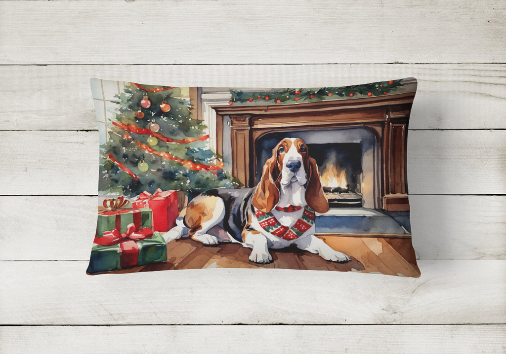 Basset Hound Cozy Christmas Decorative Throw Pillow 12x16 Indoor Outdoor Accent Cushion, Fabric Cover with Insert for Sofa, Bed, Porch & Living Room