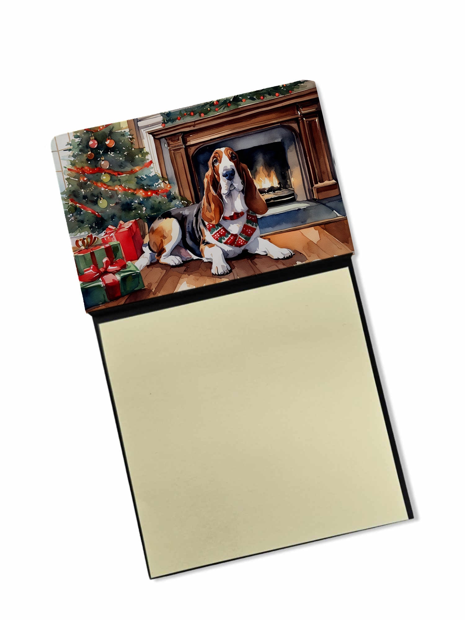 Basset Hound Cozy Christmas Watercolor Sticky Note Holder Refillable Dispenser Desk Accessory 3x3 Pad Gift