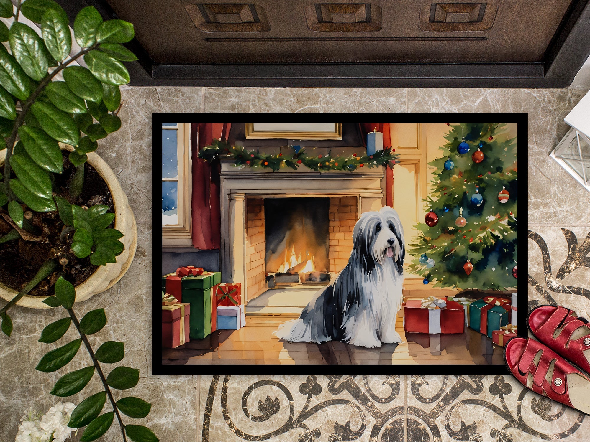 Bearded Collie Cozy Christmas Doormat Indoor Outdoor 24H X 36W Front Door Mat Rugs for Entryway, Non Slip Washable Low Pile,