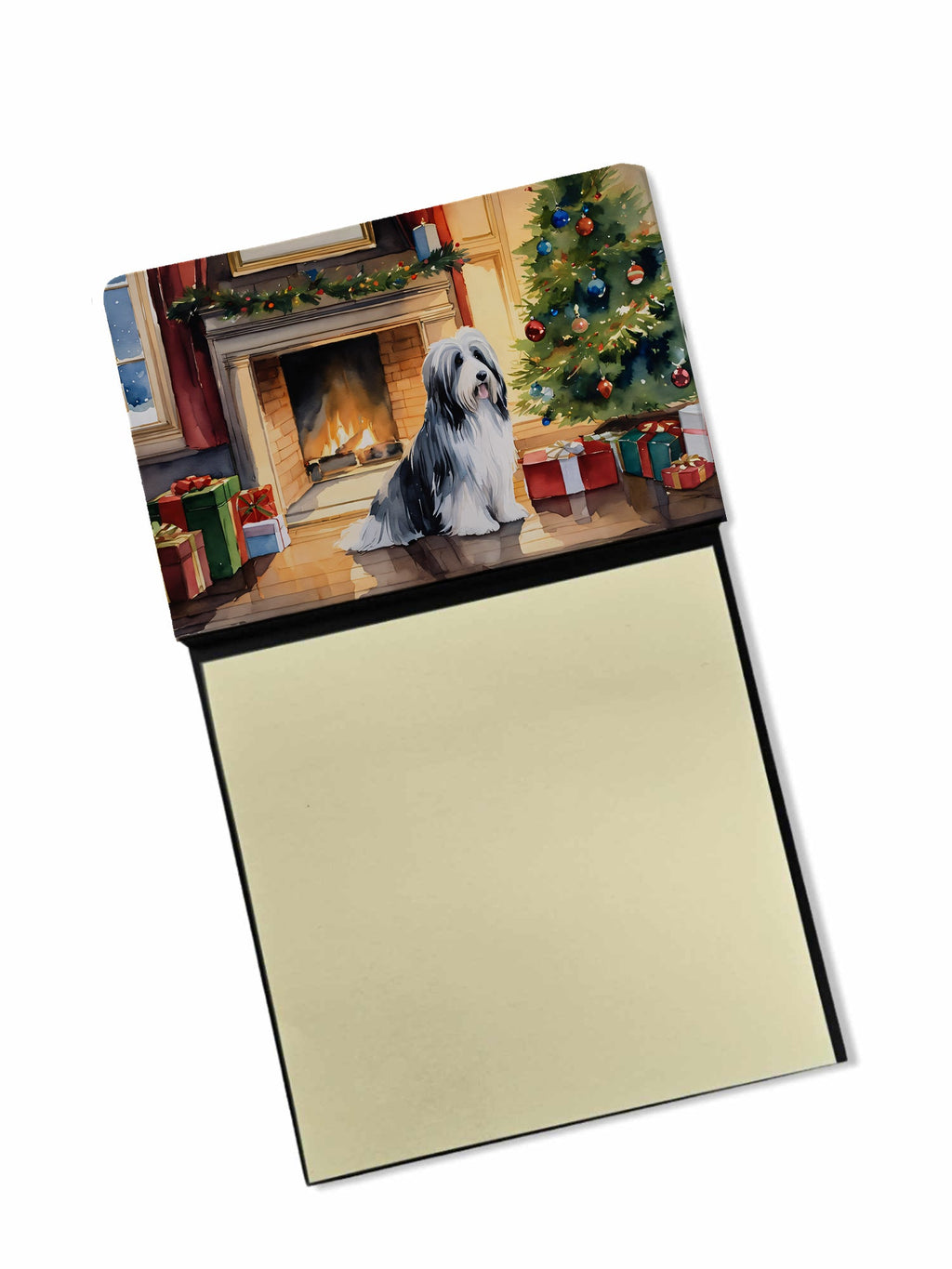 Bearded Collie Cozy Christmas Watercolor Sticky Note Holder Refillable Dispenser Desk Accessory 3x3 Pad Gift