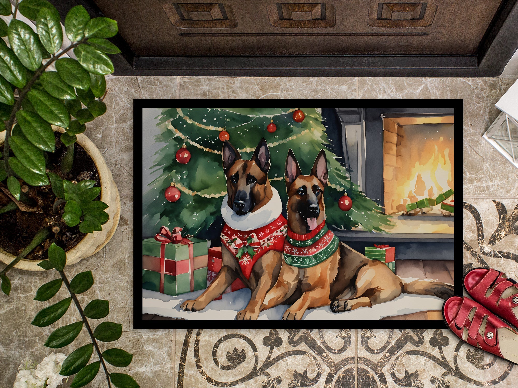 Belgian Malinois Cozy Christmas Doormat Indoor Outdoor 24H X 36W Front Door Mat Rugs for Entryway, Non Slip Washable Low Pile,