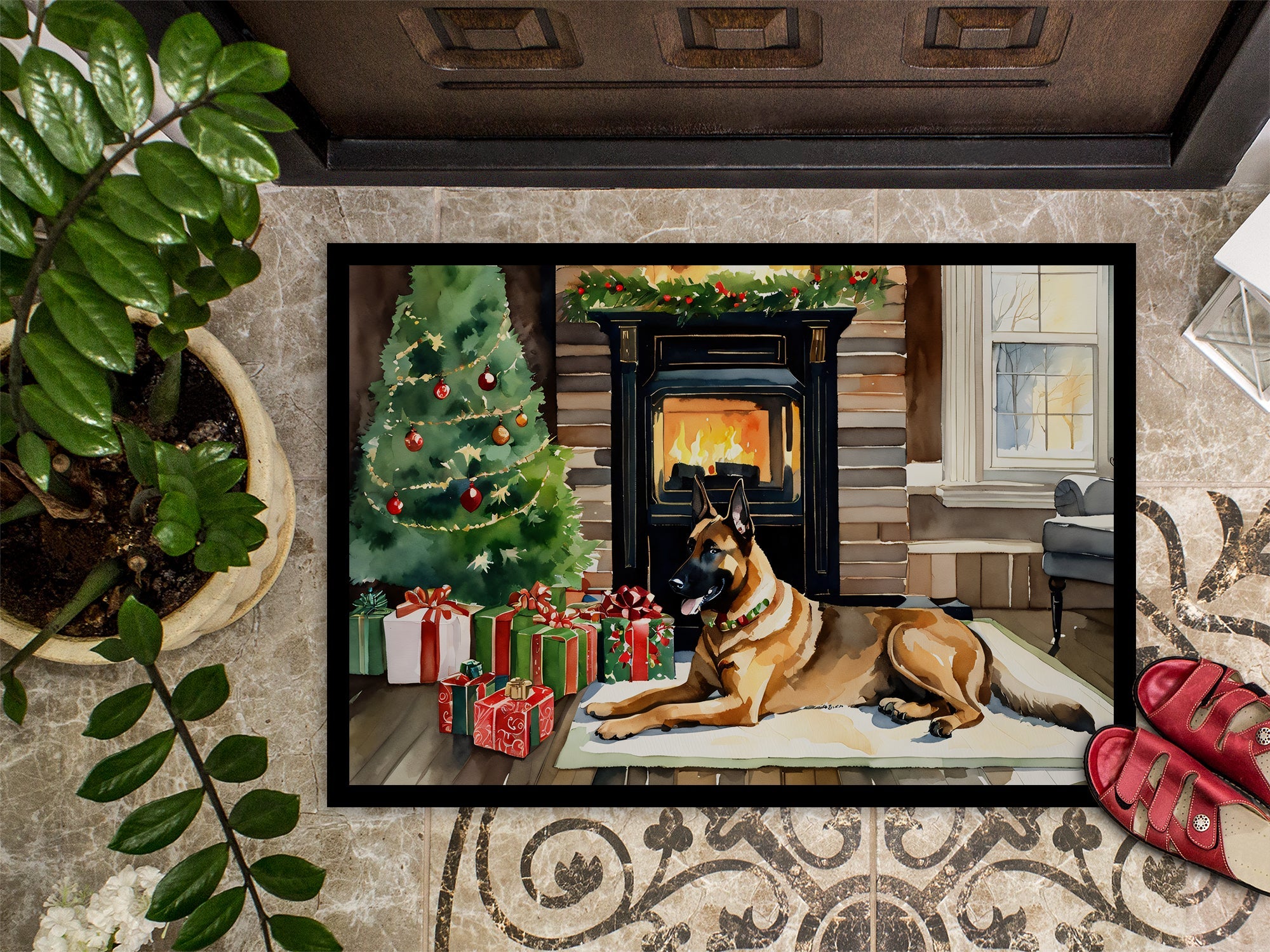 Belgian Malinois Cozy Christmas Doormat Indoor Outdoor 24H X 36W Front Door Mat Rugs for Entryway, Non Slip Washable Low Pile,
